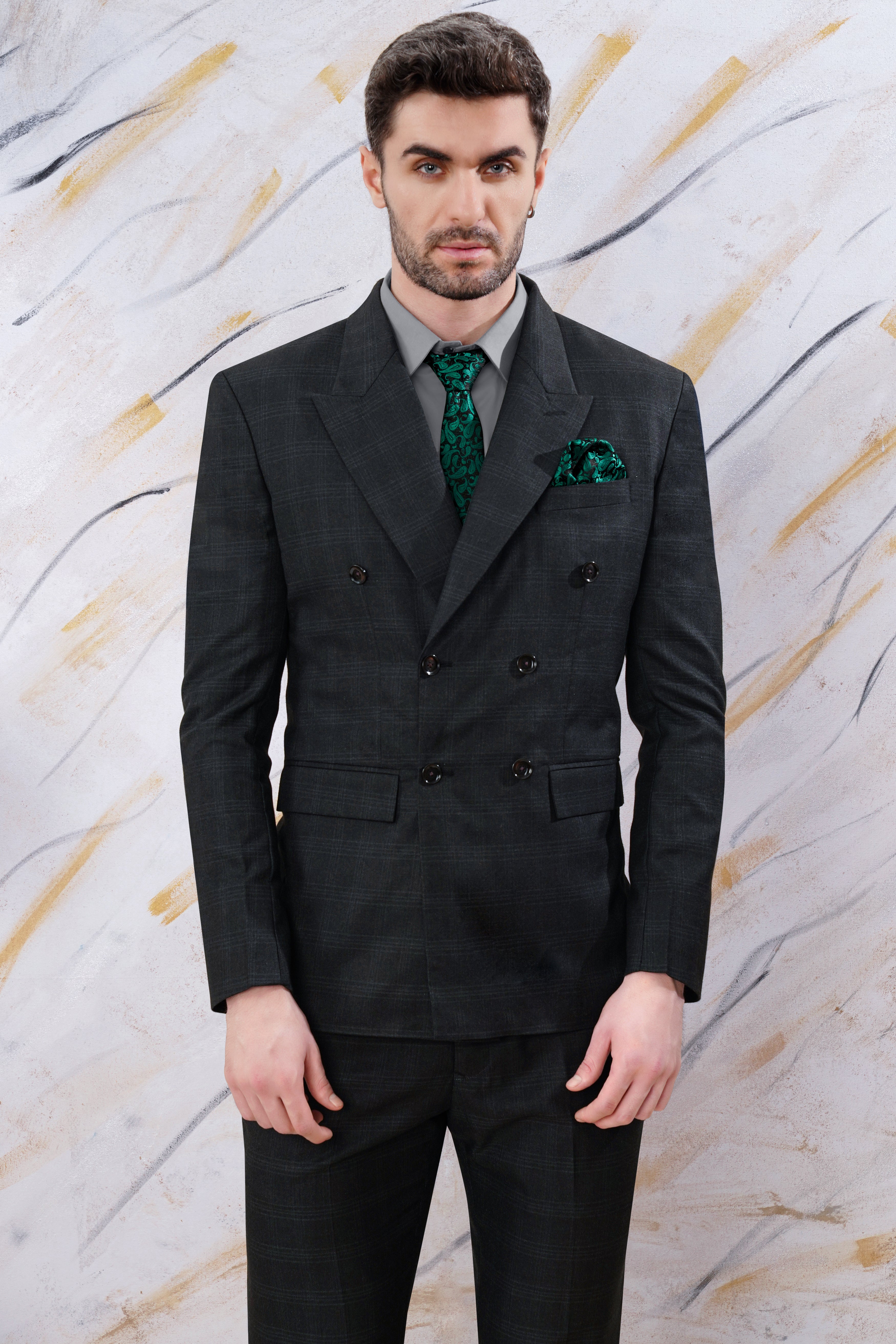 Onyx Black Subtle Checkered Wool Rich Double Breasted Suit ST2999-DB-36, ST2999-DB-38, ST2999-DB-40, ST2999-DB-42, ST2999-DB-44, ST2999-DB-46, ST2999-DB-48, ST2999-DB-50, ST2999-DB-52, ST2999-DB-54, ST2999-DB-56, ST2999-DB-58, ST2999-DB-60