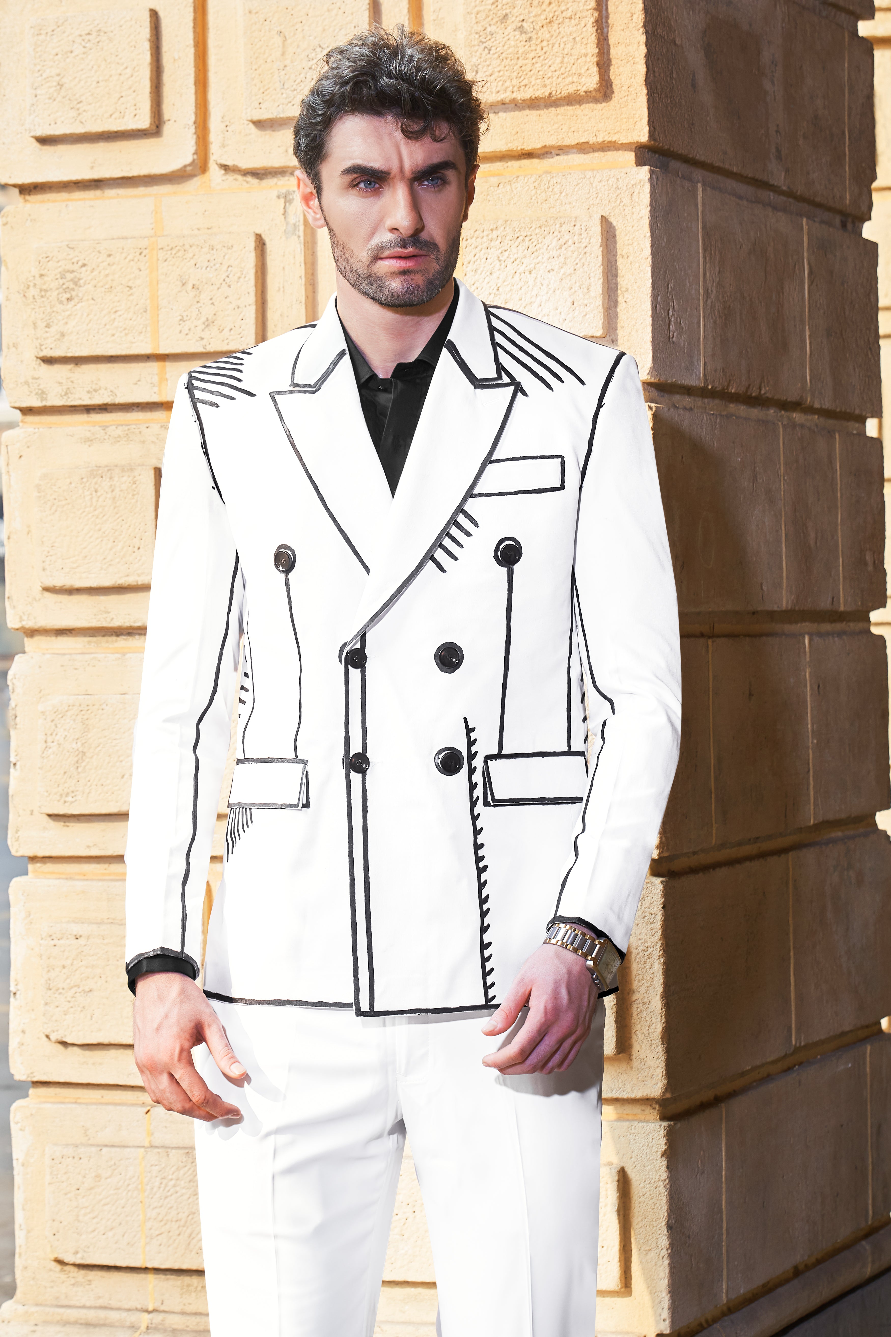 Bright White with Black Stretchable Hand Painted Designer Luxurious Linen Suit