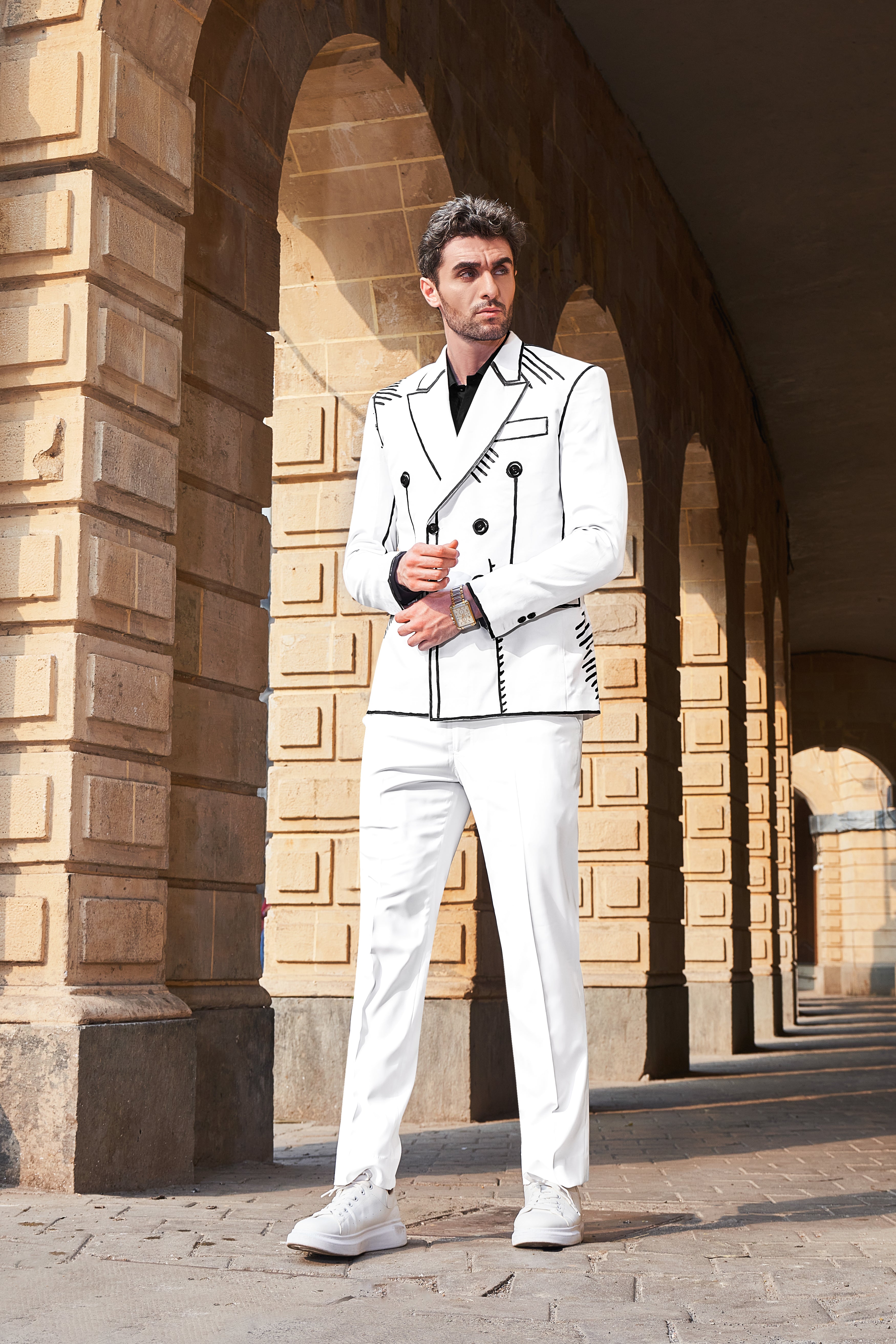 Bright White with Black Stretchable Hand Painted Designer Luxurious Linen Suit