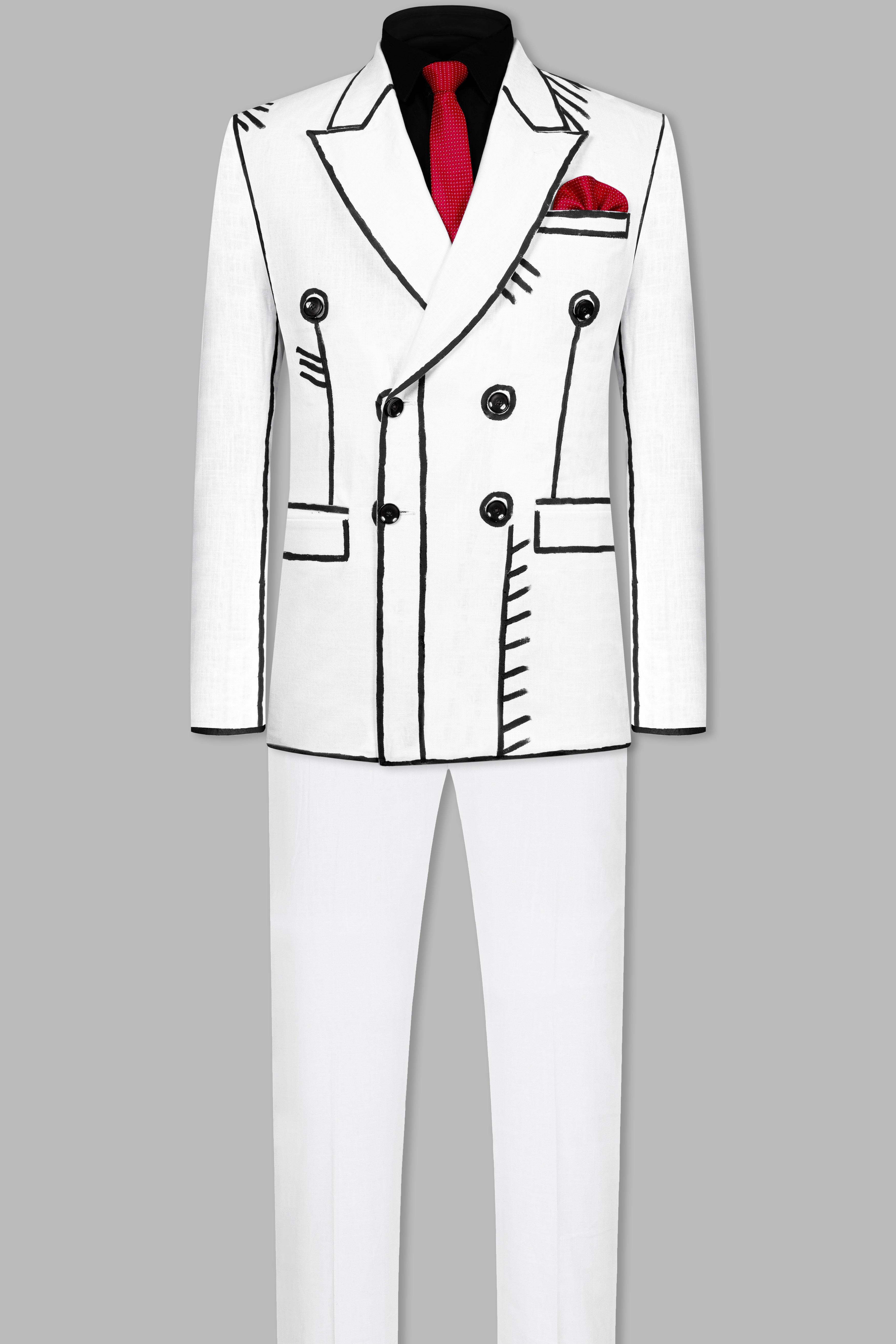 Bright White with Black Stretchable Hand Painted Designer Luxurious Linen Suit