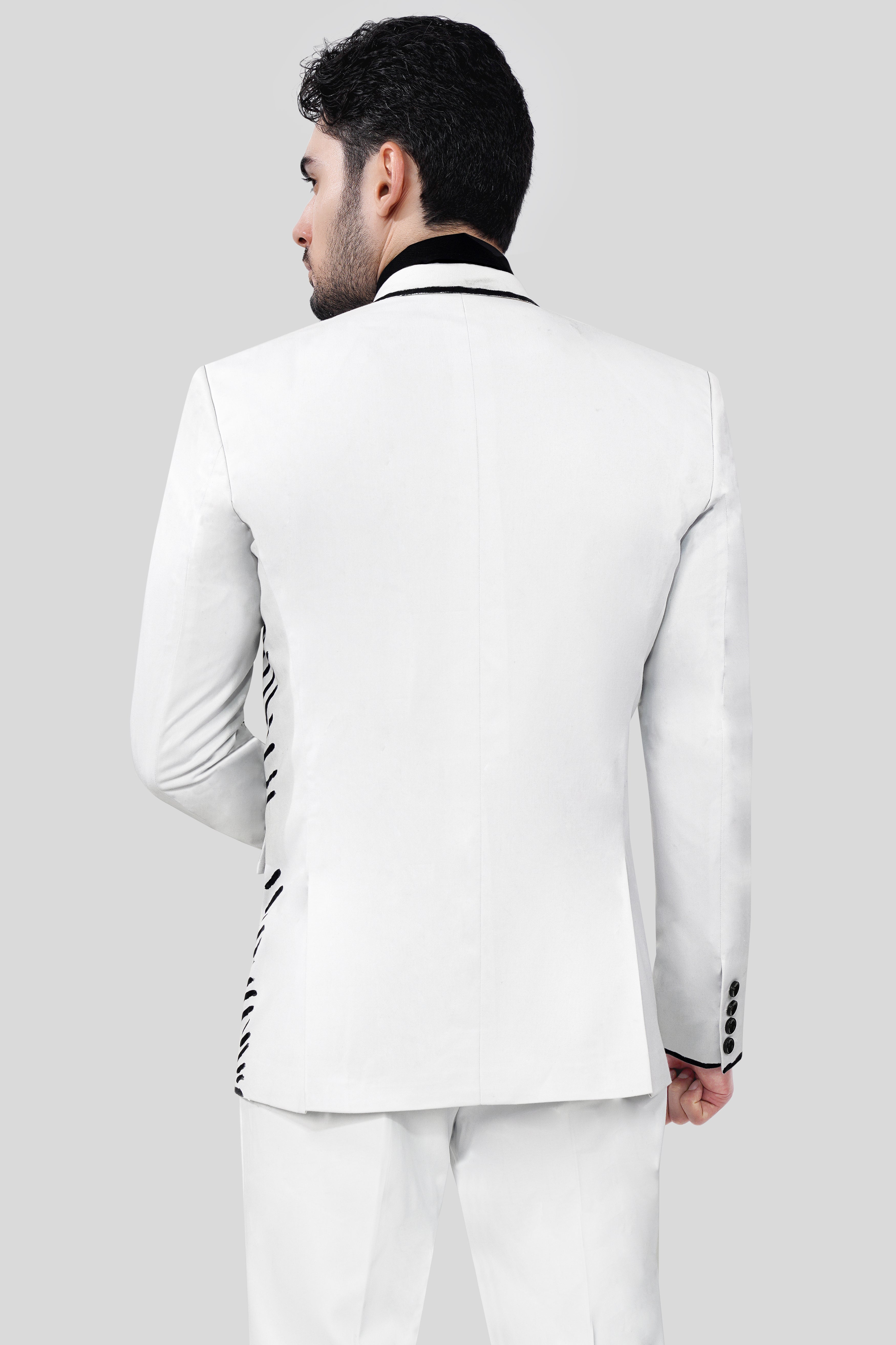 Bright White with Black Stretchable Hand Painted Designer Luxurious Linen Suit