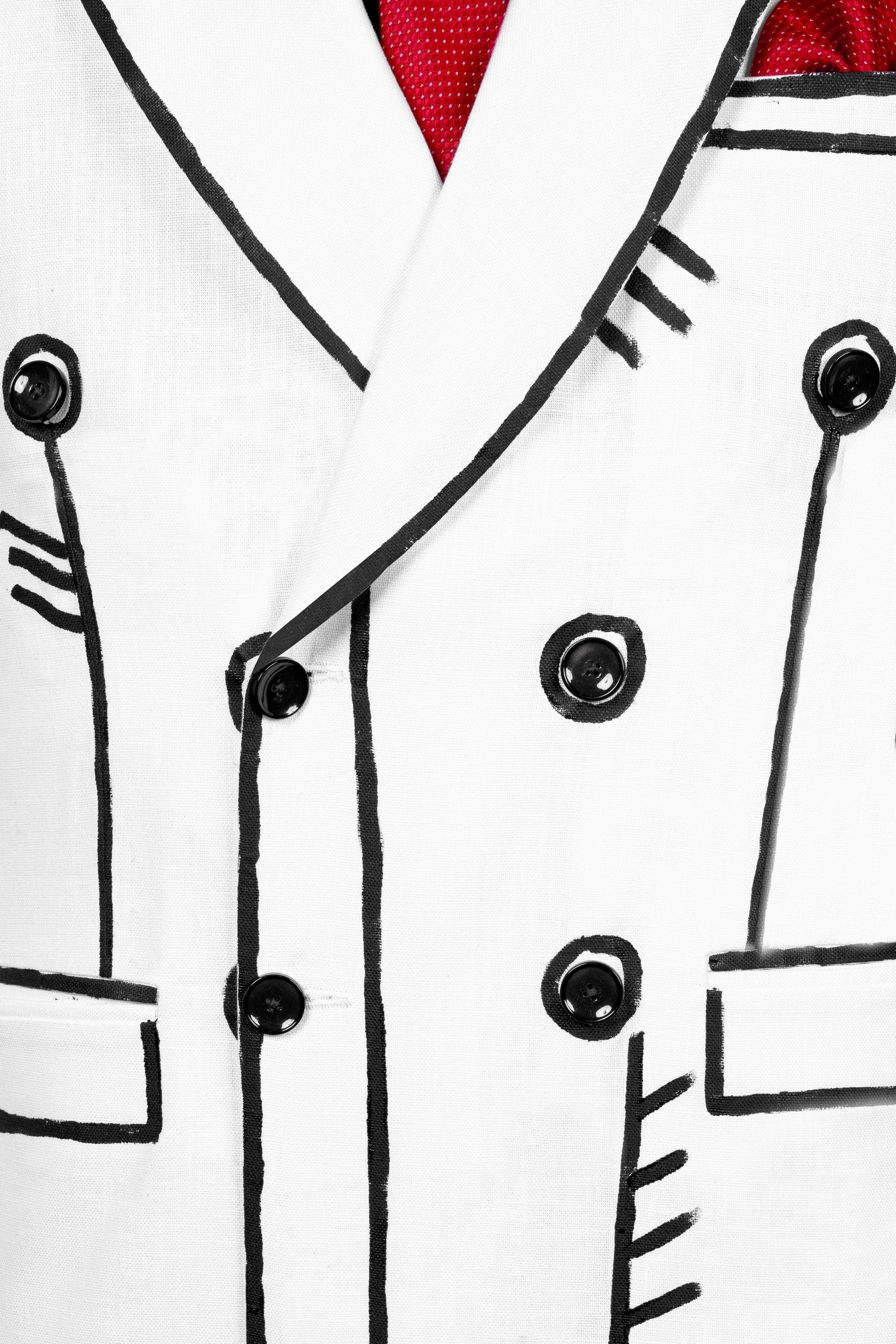 Bright White with Black Stretchable Hand Painted Designer Luxurious Linen Suit