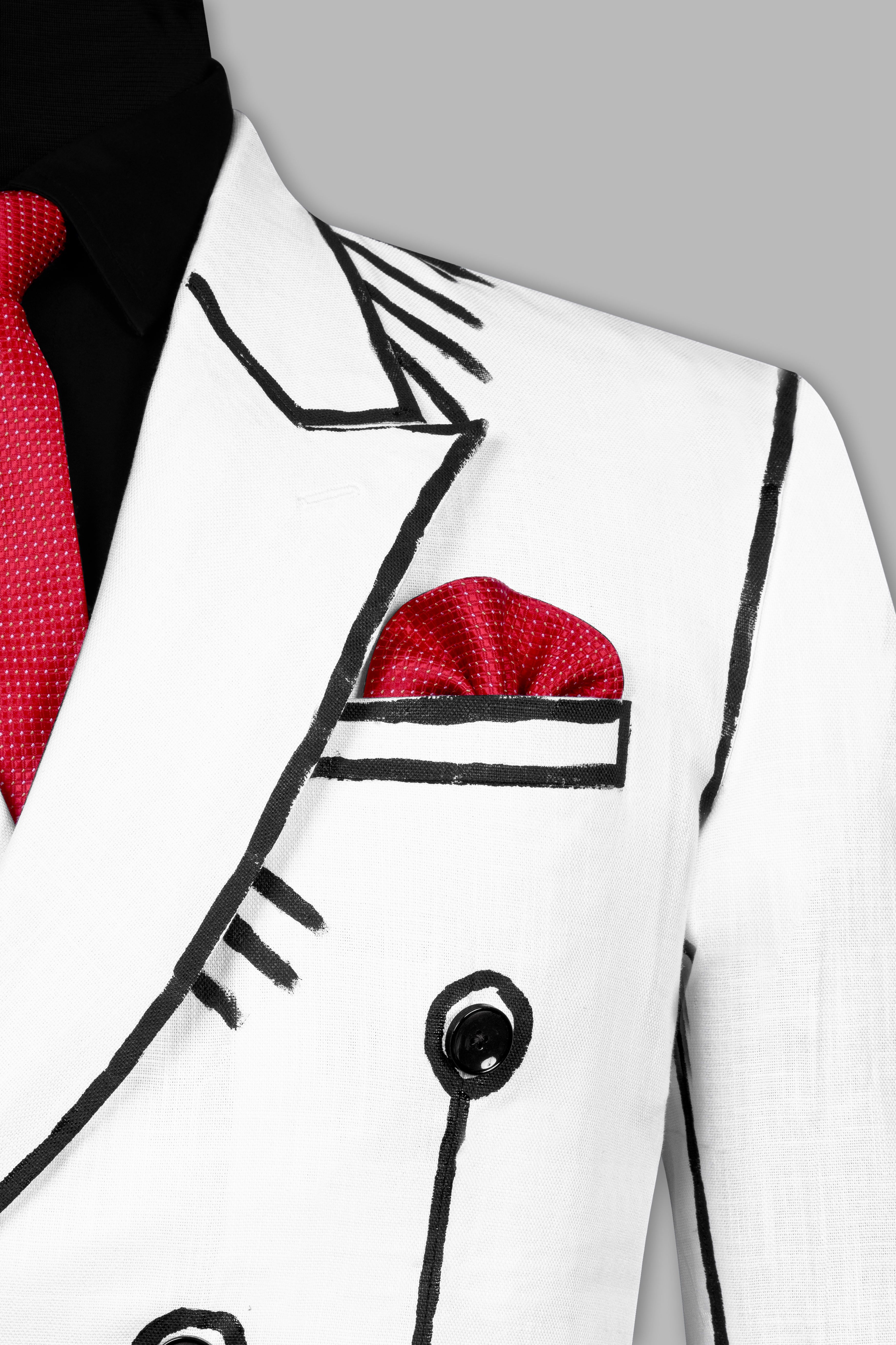 Bright White with Black Stretchable Hand Painted Designer Luxurious Linen Suit