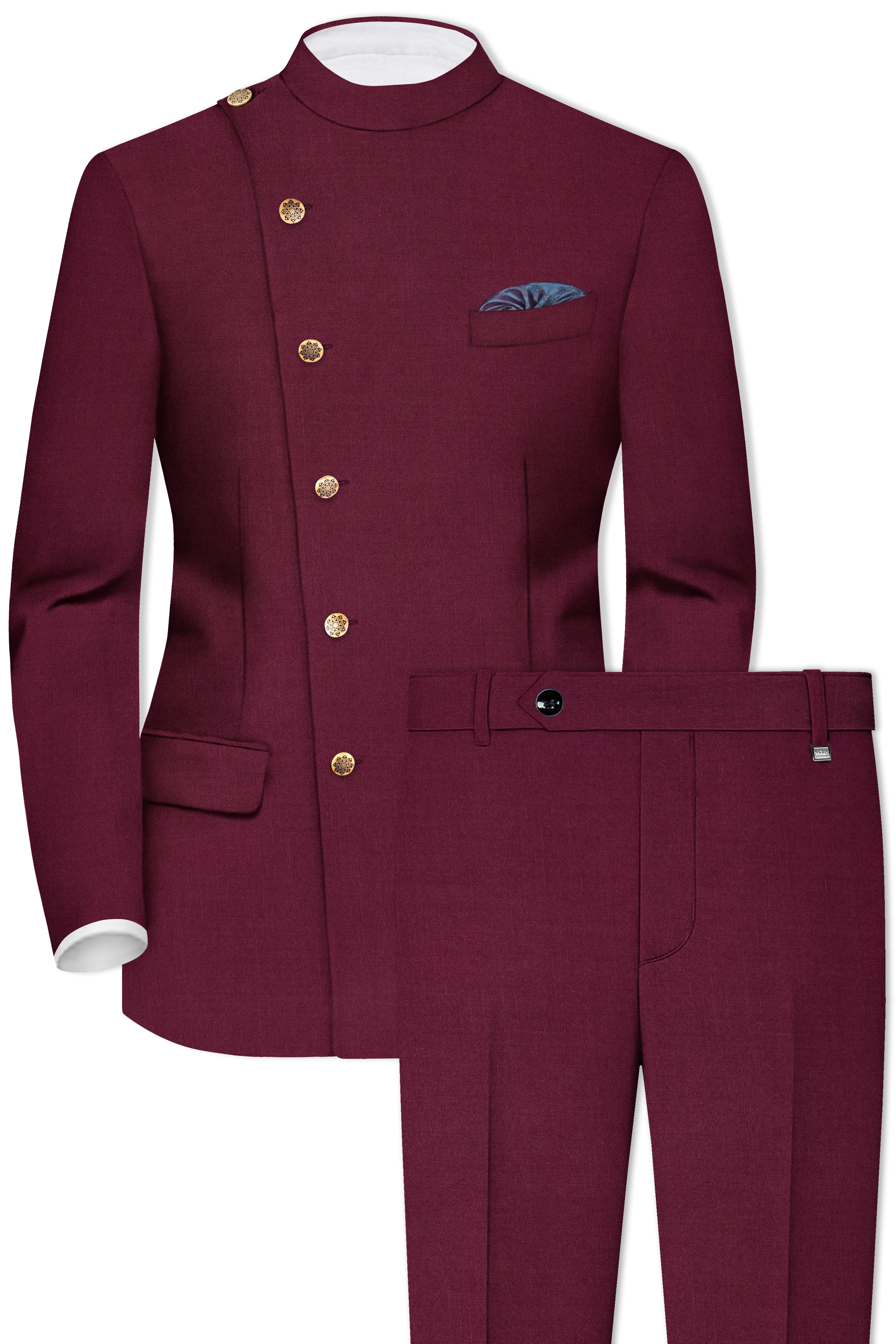 Bordeaux Maroon Cross Placket Wool Rich Bandhgala Suit