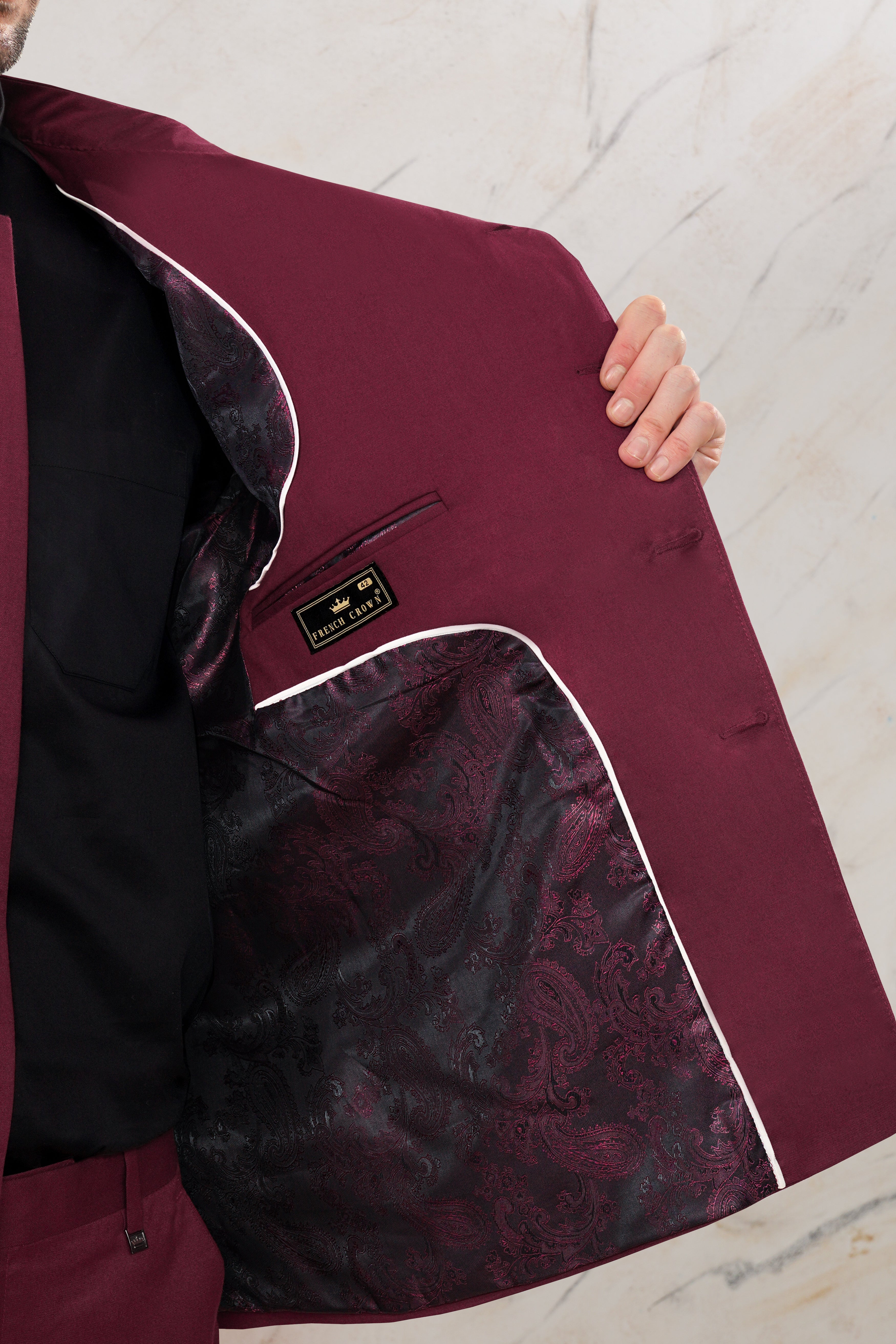 Bordeaux Maroon Cross Buttoned Wool Rich Bandhgala Suit ST3050-CBG2-36, ST3050-CBG2-38, ST3050-CBG2-40, ST3050-CBG2-42, ST3050-CBG2-44, ST3050-CBG2-46, ST3050-CBG2-48, ST3050-CBG2-50, ST3050-CBG2-52, ST3050-CBG2-54, ST3050-CBG2-56, ST3050-CBG2-58, ST3050-CBG2-60