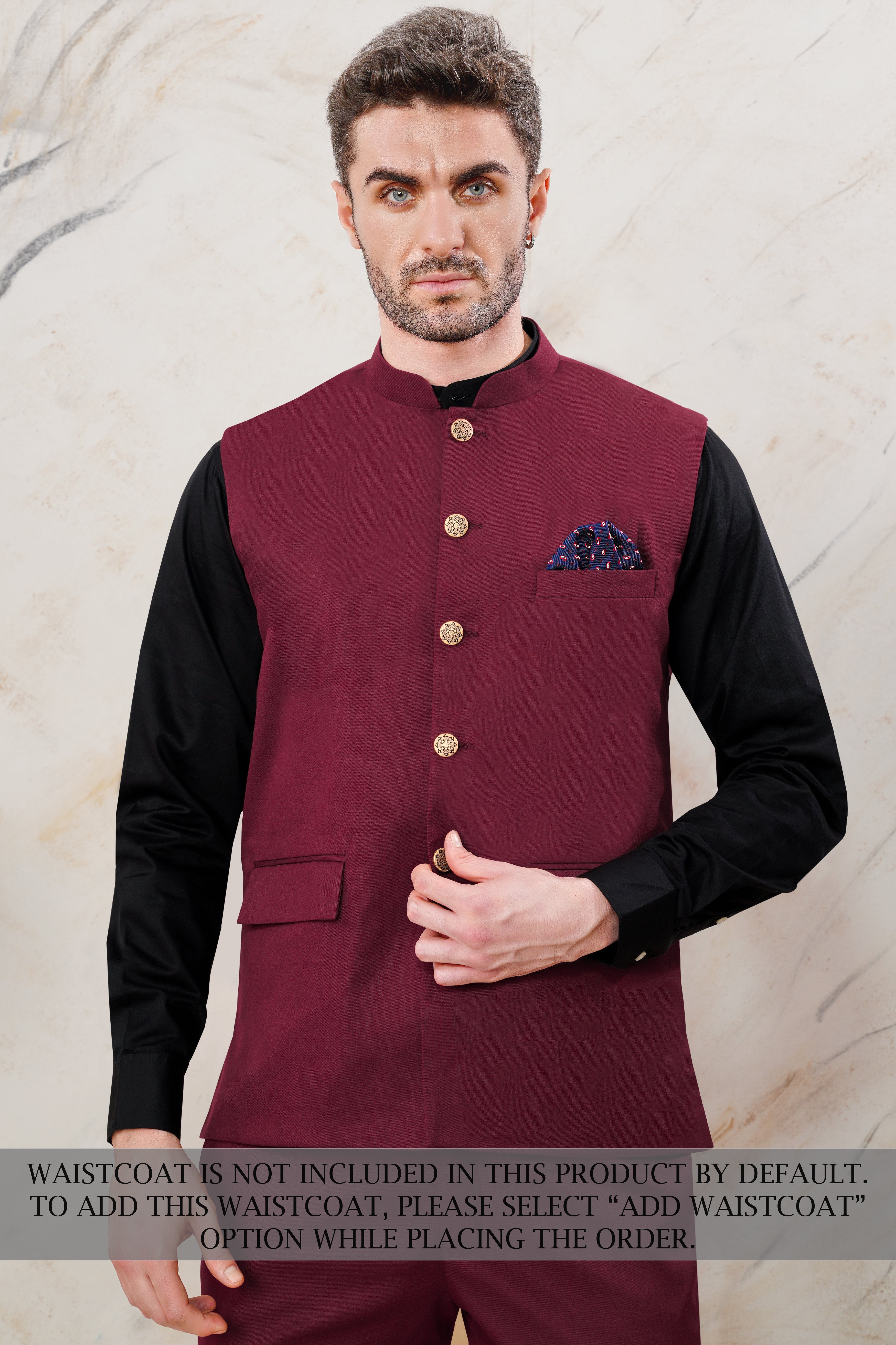 Bordeaux Maroon Cross Placket Wool Rich Bandhgala Suit