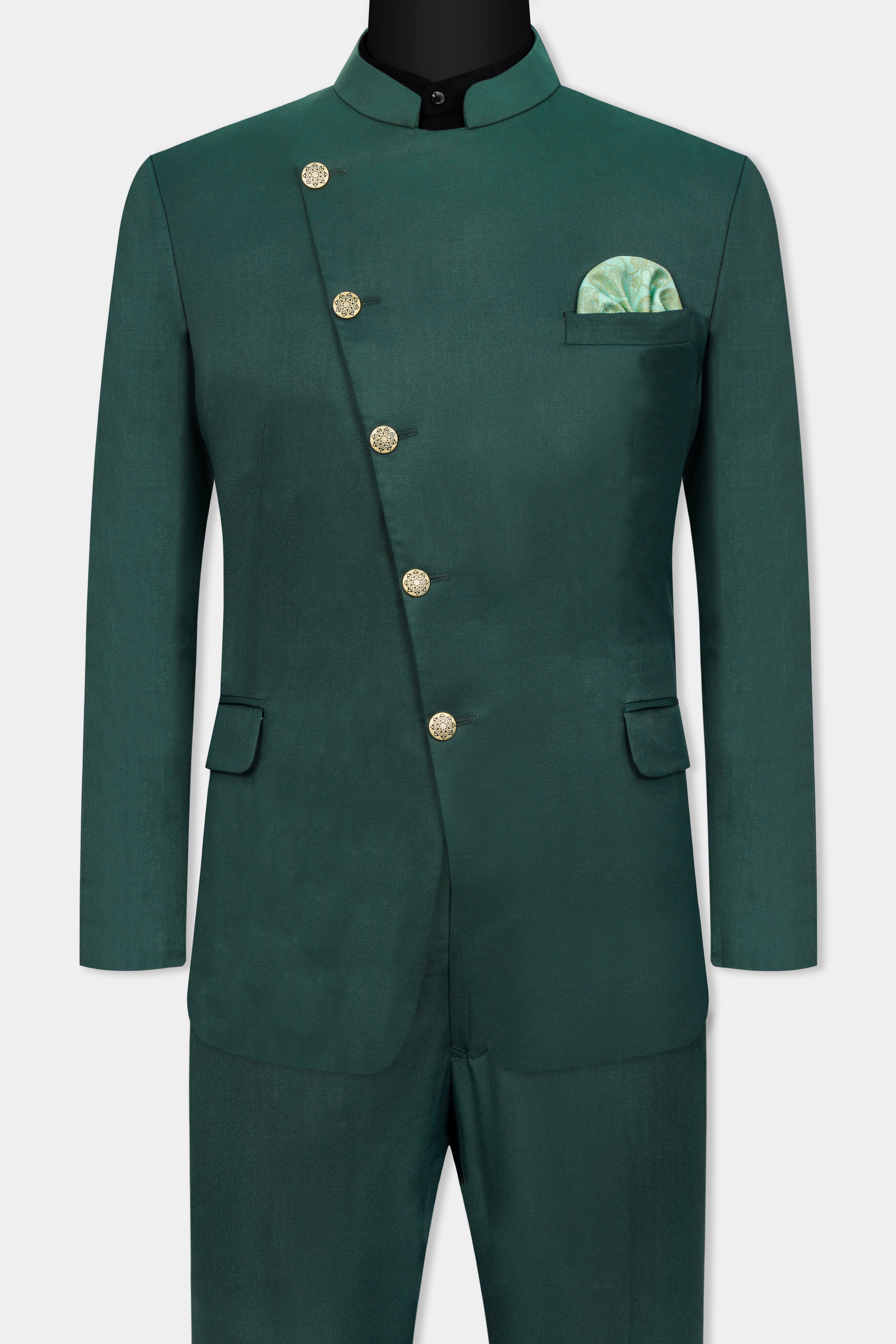 Gable Green Cross Buttoned Wool Rich Bandhgala Suit ST3051-CBG-36, ST3051-CBG-38, ST3051-CBG-40, ST3051-CBG-42, ST3051-CBG-44, ST3051-CBG-46, ST3051-CBG-48, ST3051-CBG-50, ST3051-CBG-52, ST3051-CBG-54, ST3051-CBG-56, ST3051-CBG-58, ST3051-CBG-60