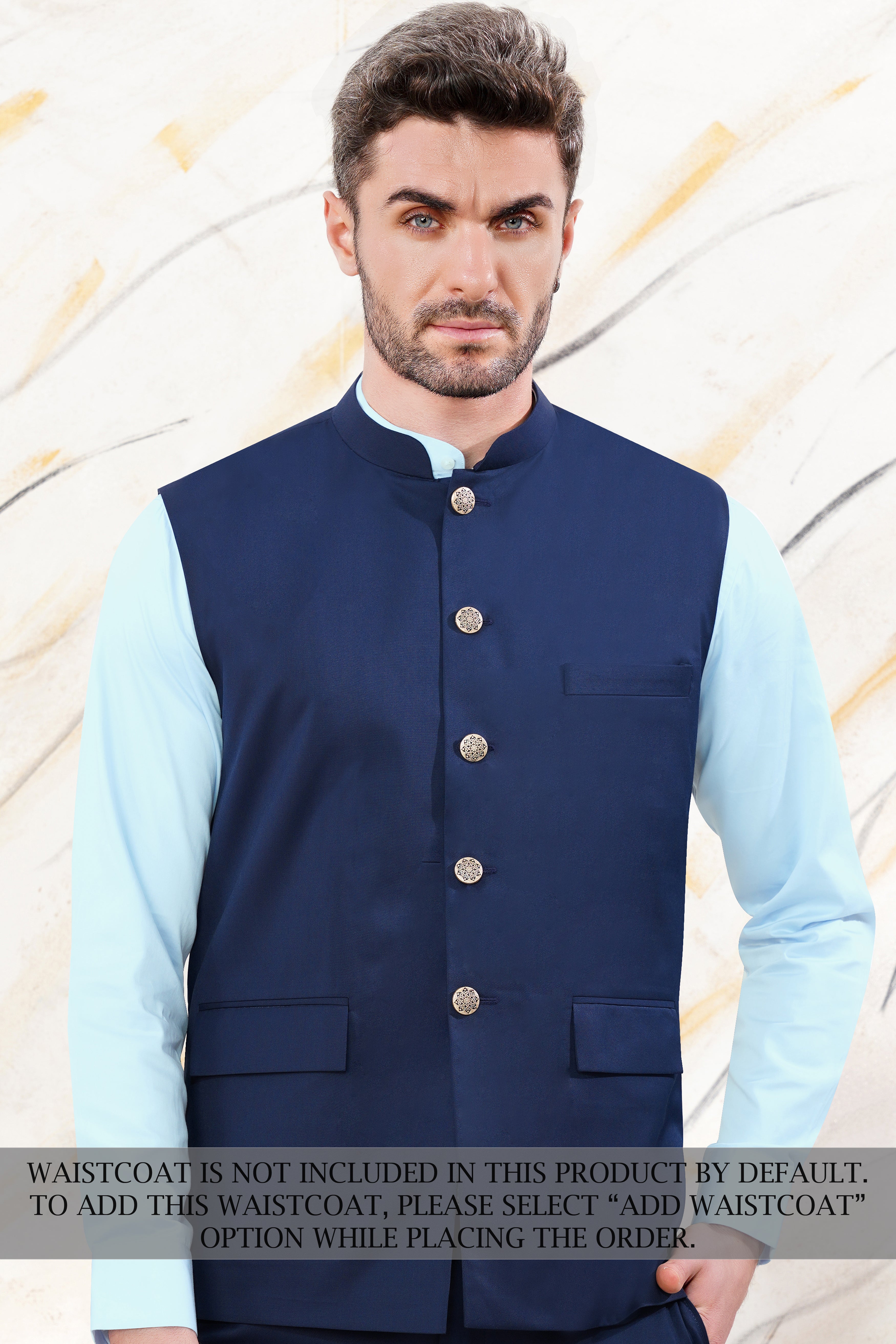 Cloud Burst Blue Cross Placket Wool Rich Bandhgala Suit