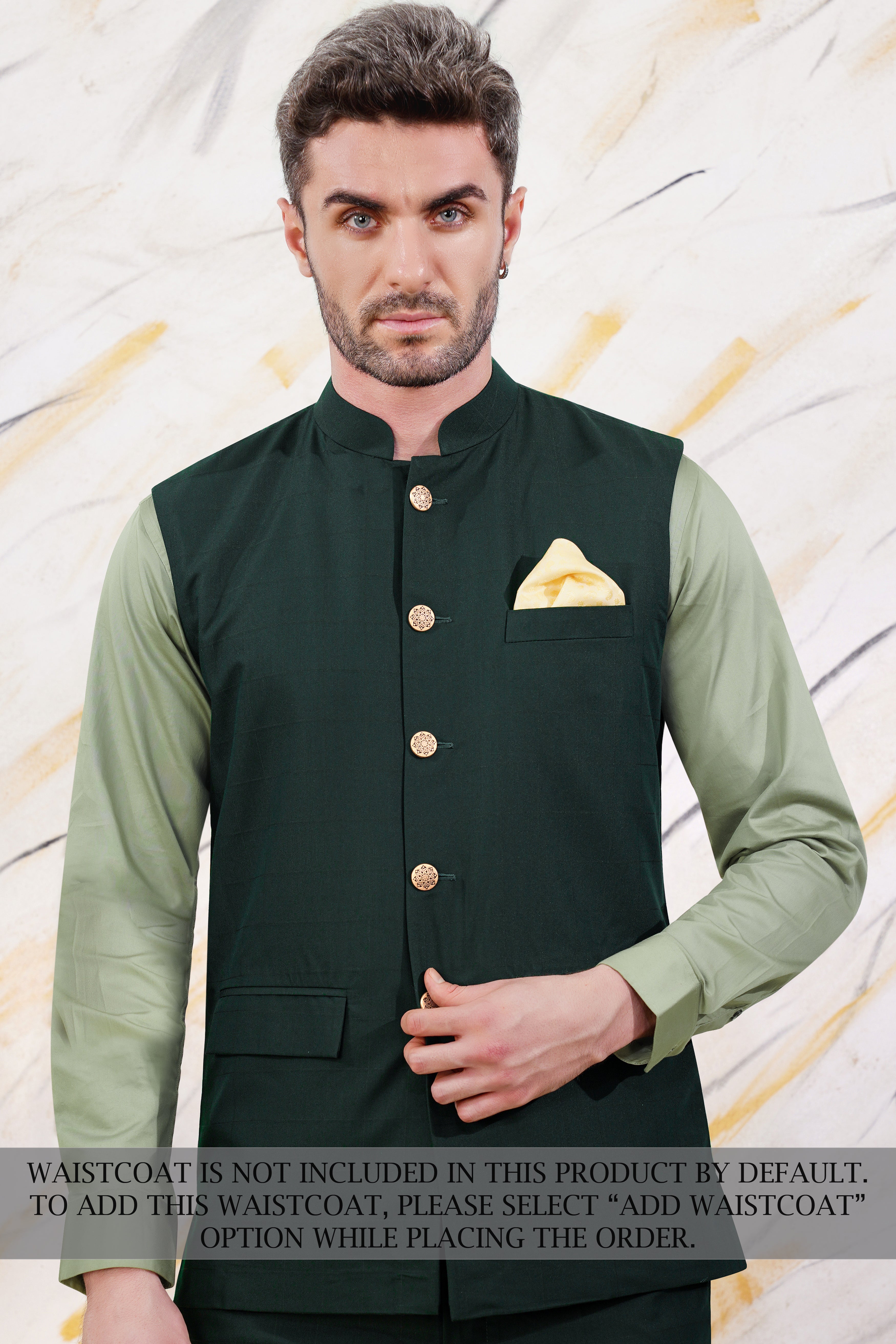 Sacramento Green Cross Placket Bandhgala Wool Rich Suit