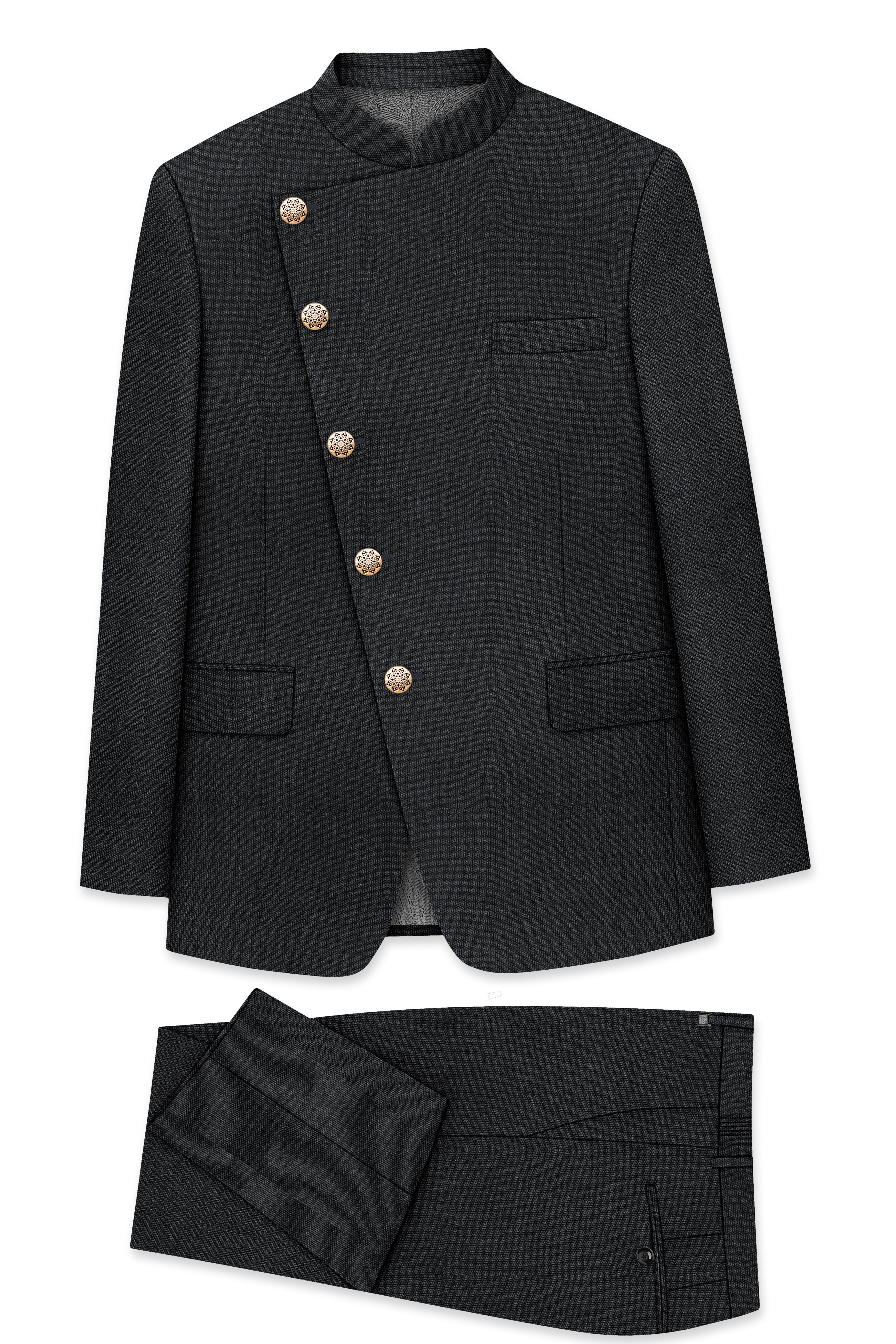 Gunmetal Grey Cross Placket Wool Rich Bandhgala Suit