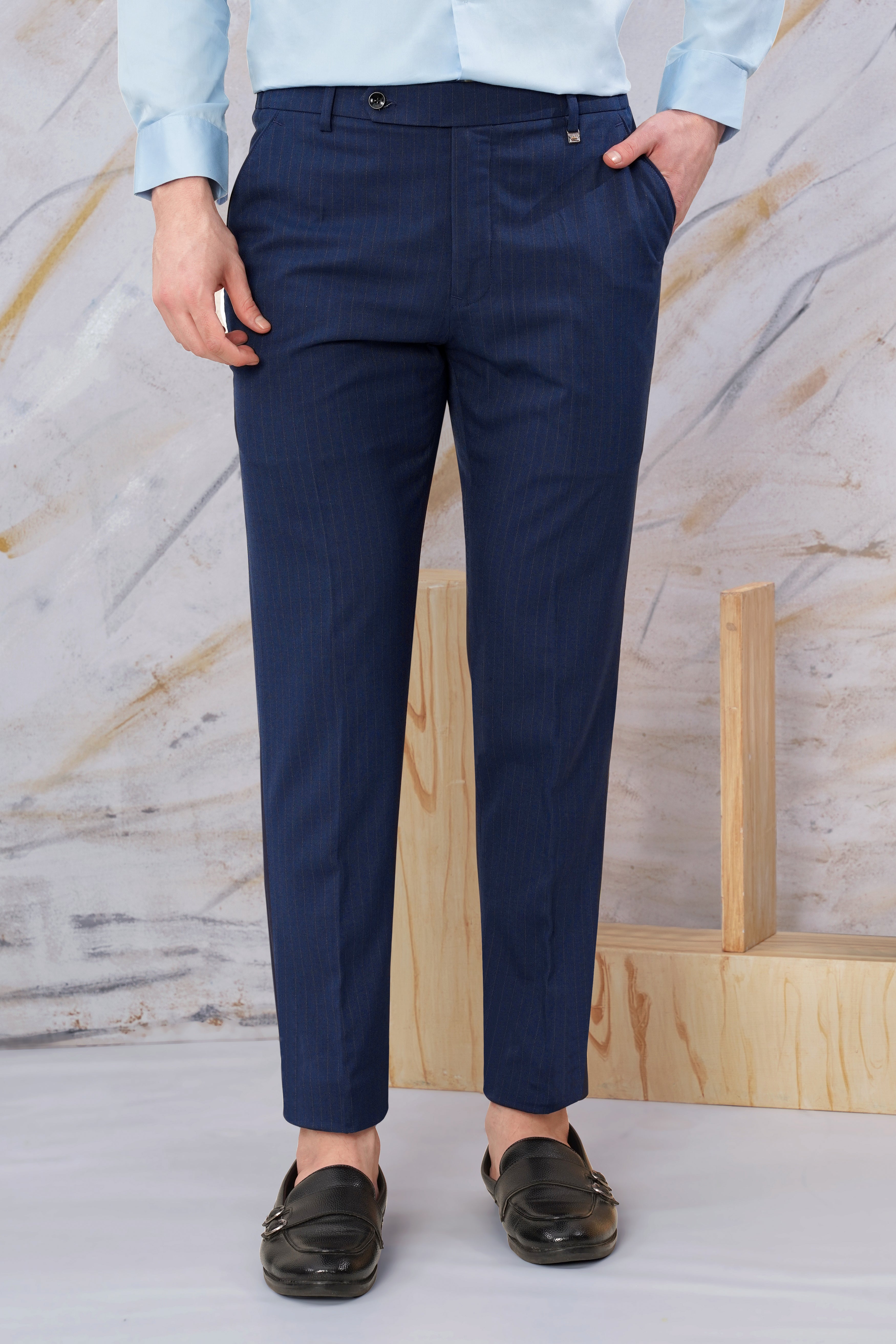 Ebony Clay Blue Striped Wool Rich Bandhgala Suit ST3088-BG-36, ST3088-BG-38, ST3088-BG-40, ST3088-BG-42, ST3088-BG-44, ST3088-BG-46, ST3088-BG-48, ST3088-BG-50, ST3088-BG-52, ST3088-BG-54, ST3088-BG-56, ST3088-BG-58, ST3088-BG-60
