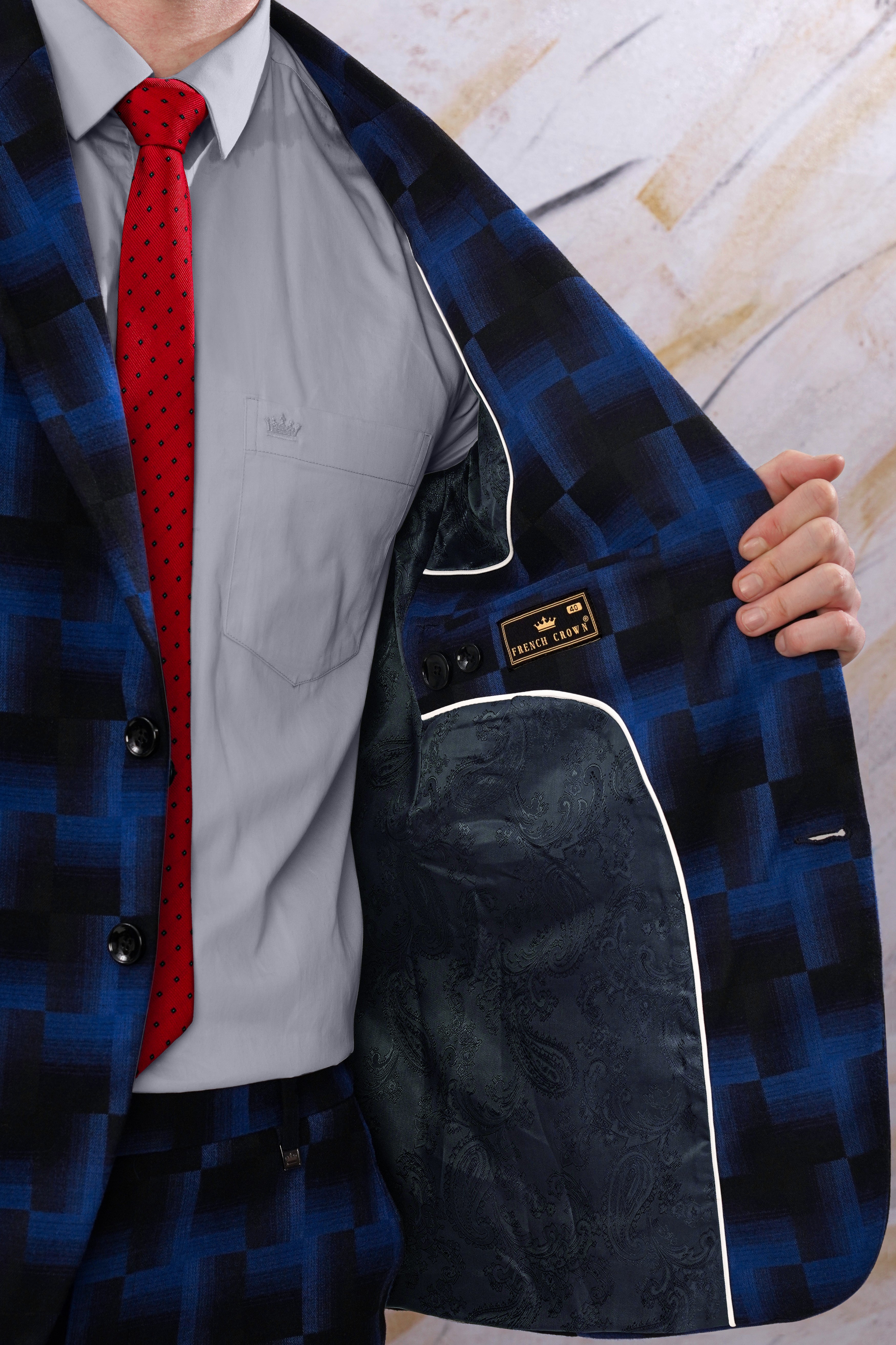 Marine Blue and Black Geometric Pattern Wool Rich Suit ST3097-SB-36, ST3097-SB-38, ST3097-SB-40, ST3097-SB-42, ST3097-SB-44, ST3097-SB-46, ST3097-SB-48, ST3097-SB-50, ST3097-SB-52, ST3097-SB-54, ST3097-SB-56, ST3097-SB-58, ST3097-SB-60