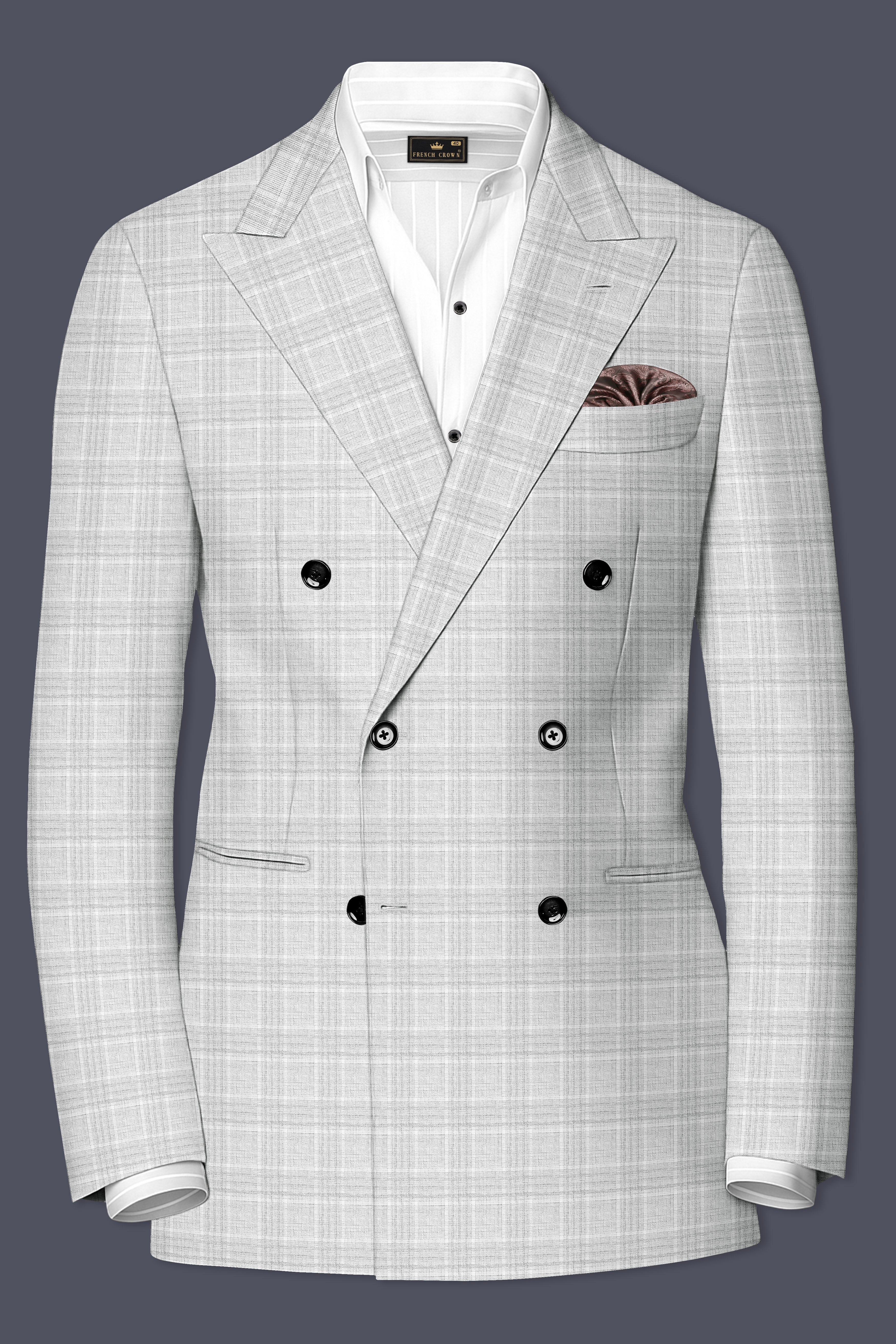 Cloud Gray Plaid Wool Rich Double Breasted Suit