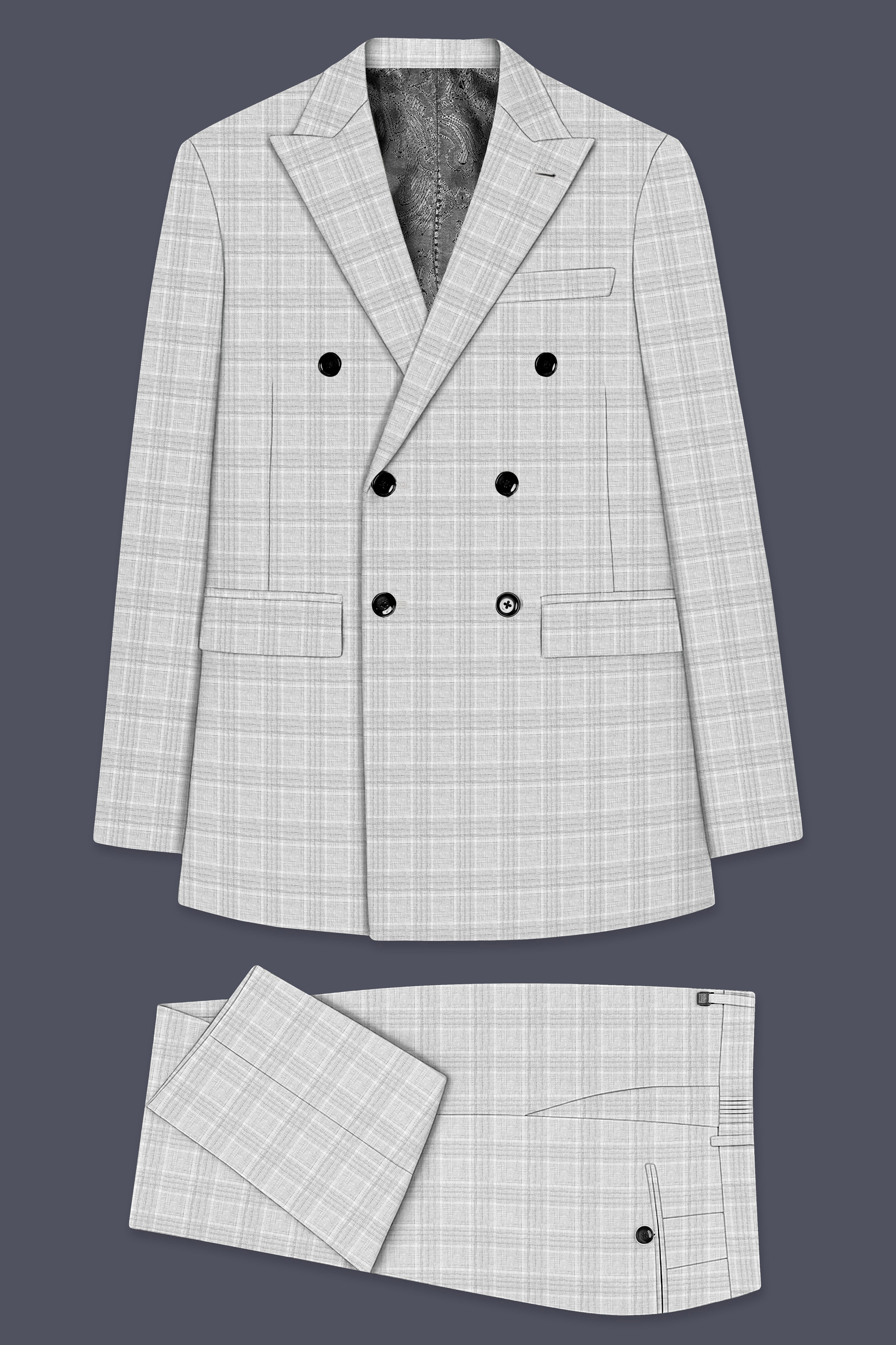 Cloud Gray Plaid Wool Rich Double Breasted Suit