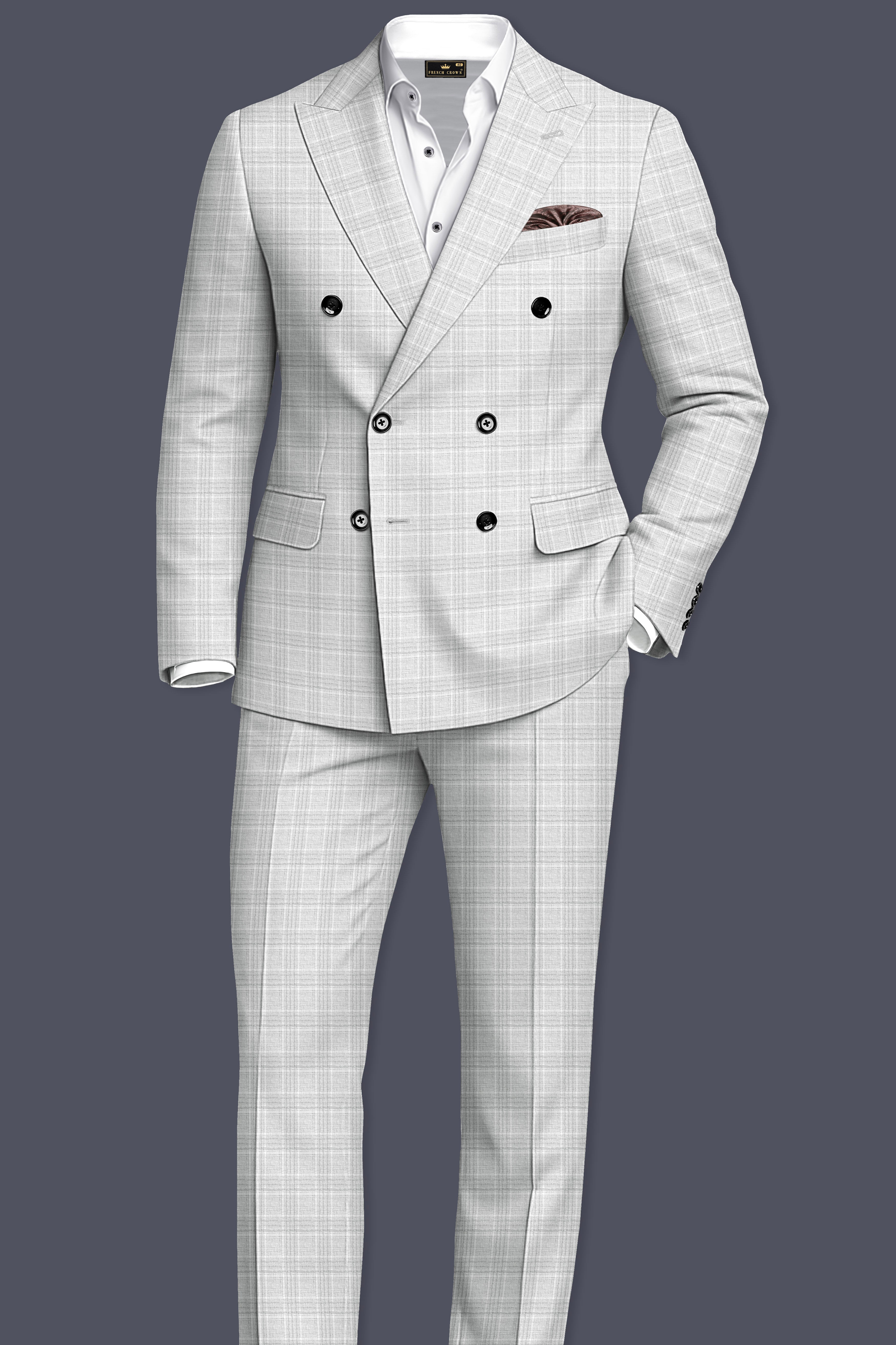 Cloud Gray Plaid Wool Rich Double Breasted Suit
