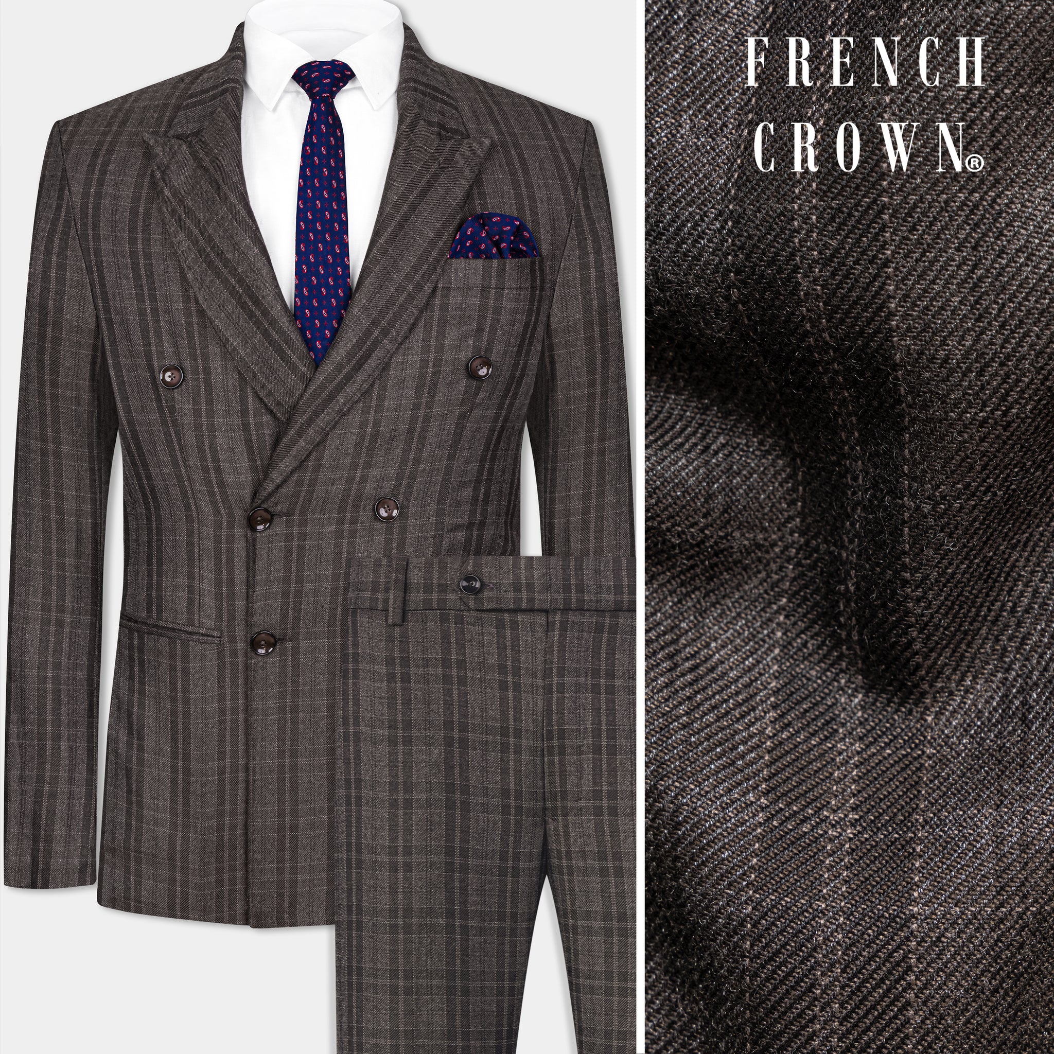Men's Designer Double Breasted Wool Suit in Brown Micro Plaid main image 0