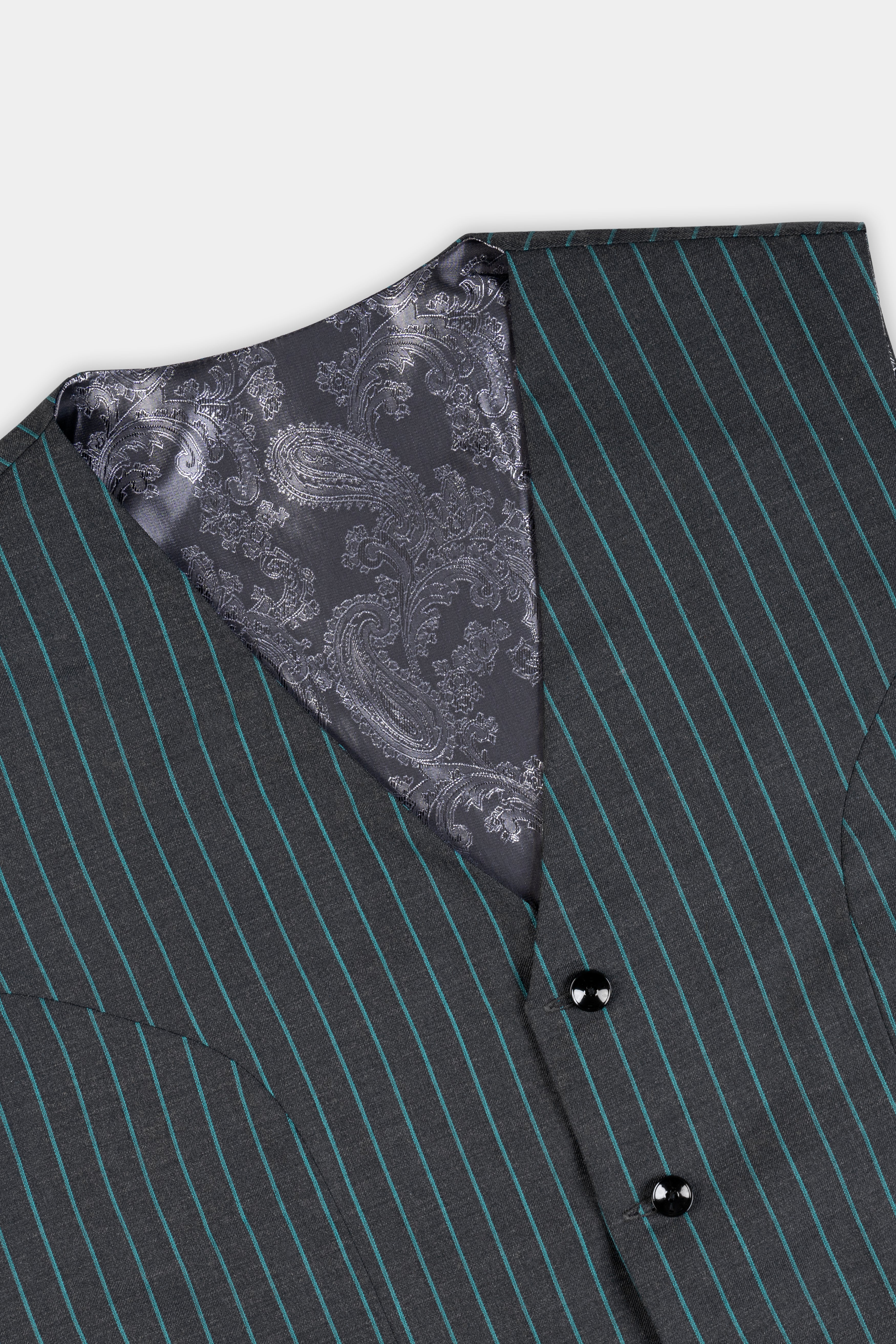 Gravel Gray and Lagoon Blue Striped Wool Rich Double Breasted Suit