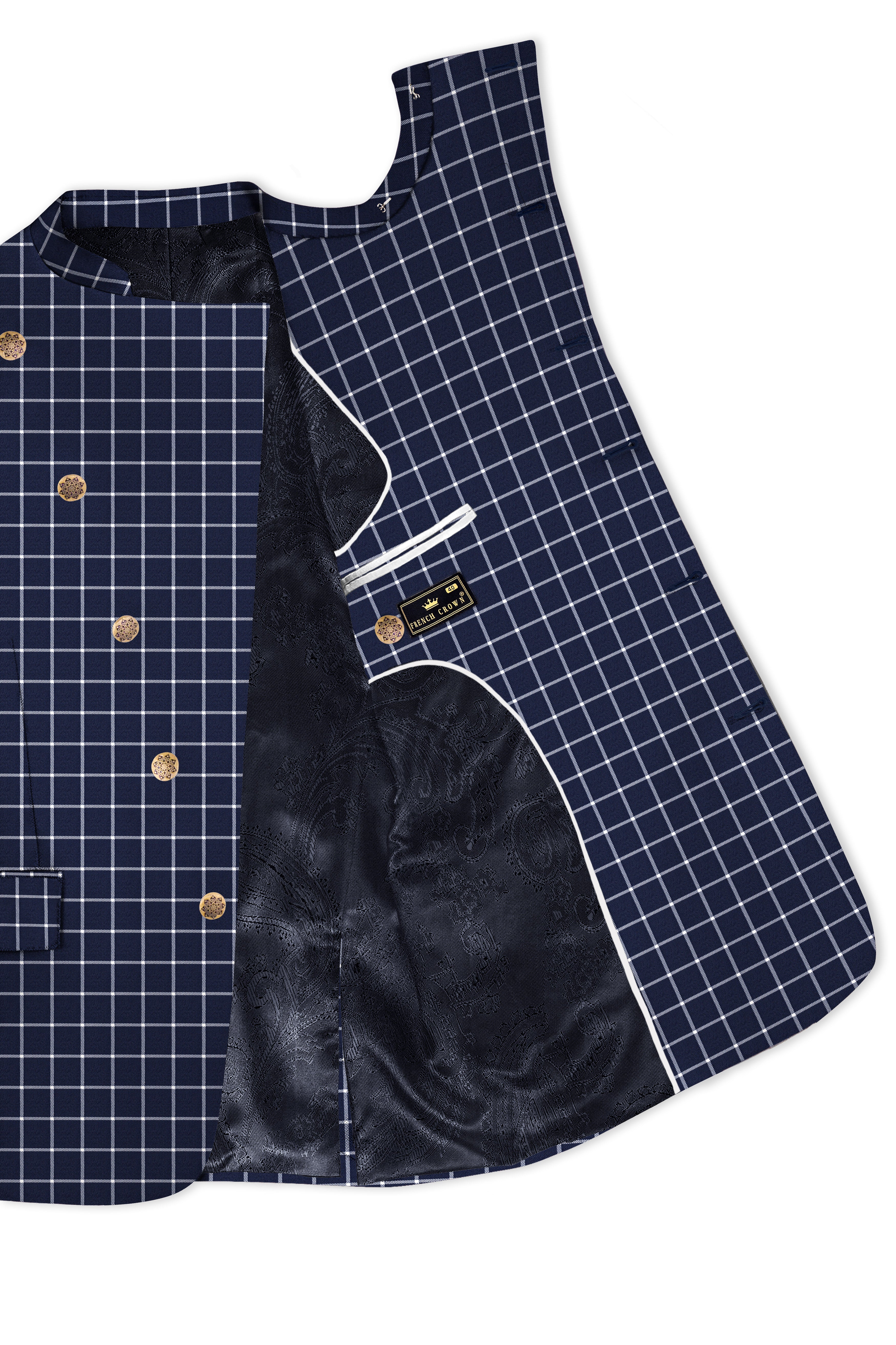 Admiral Blue and White Windowpane Wool Rich Cross Placket Bandhgala Suit