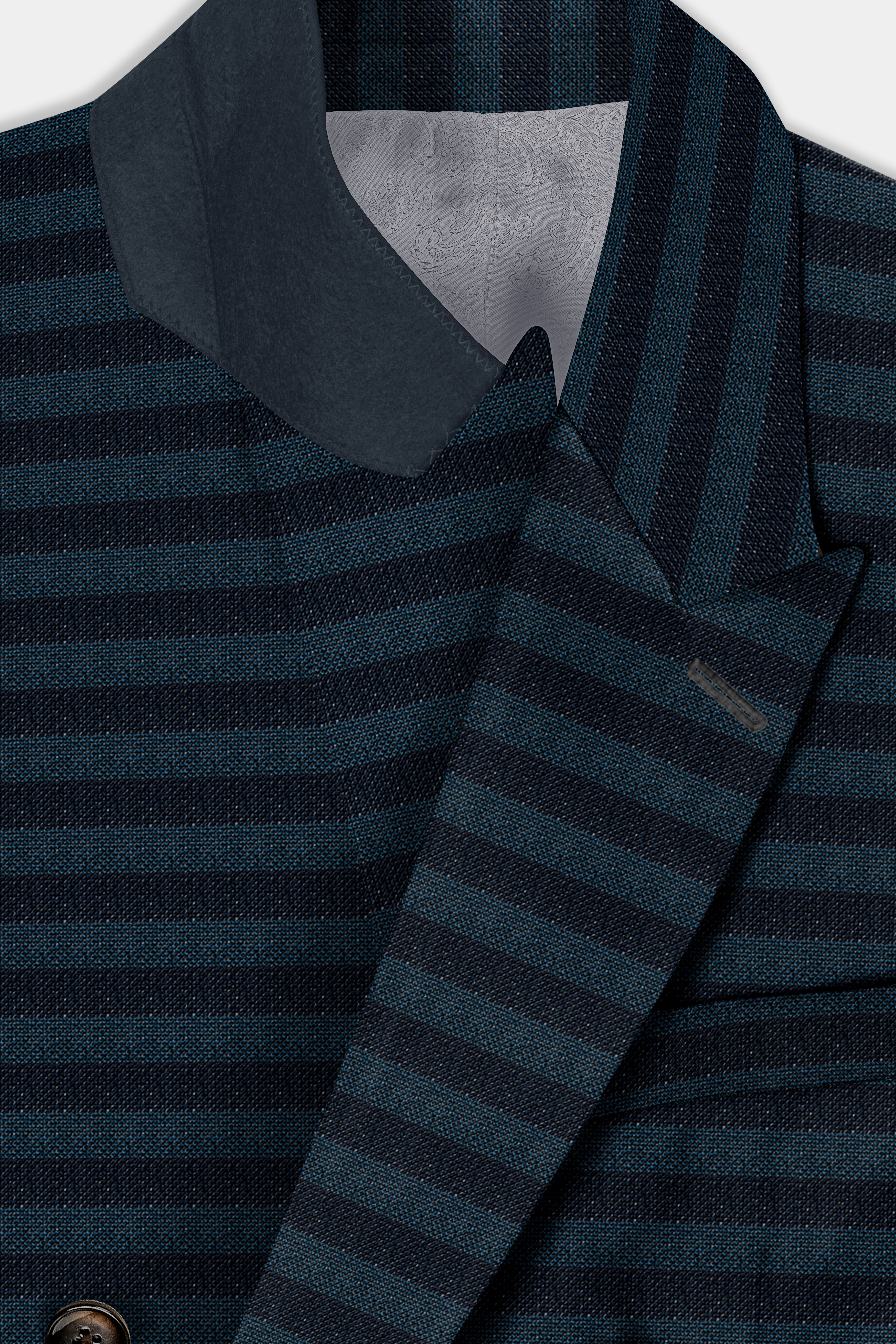 Bluish Blue And Jade Black Striped Wool Rich Double Breasted Suit
