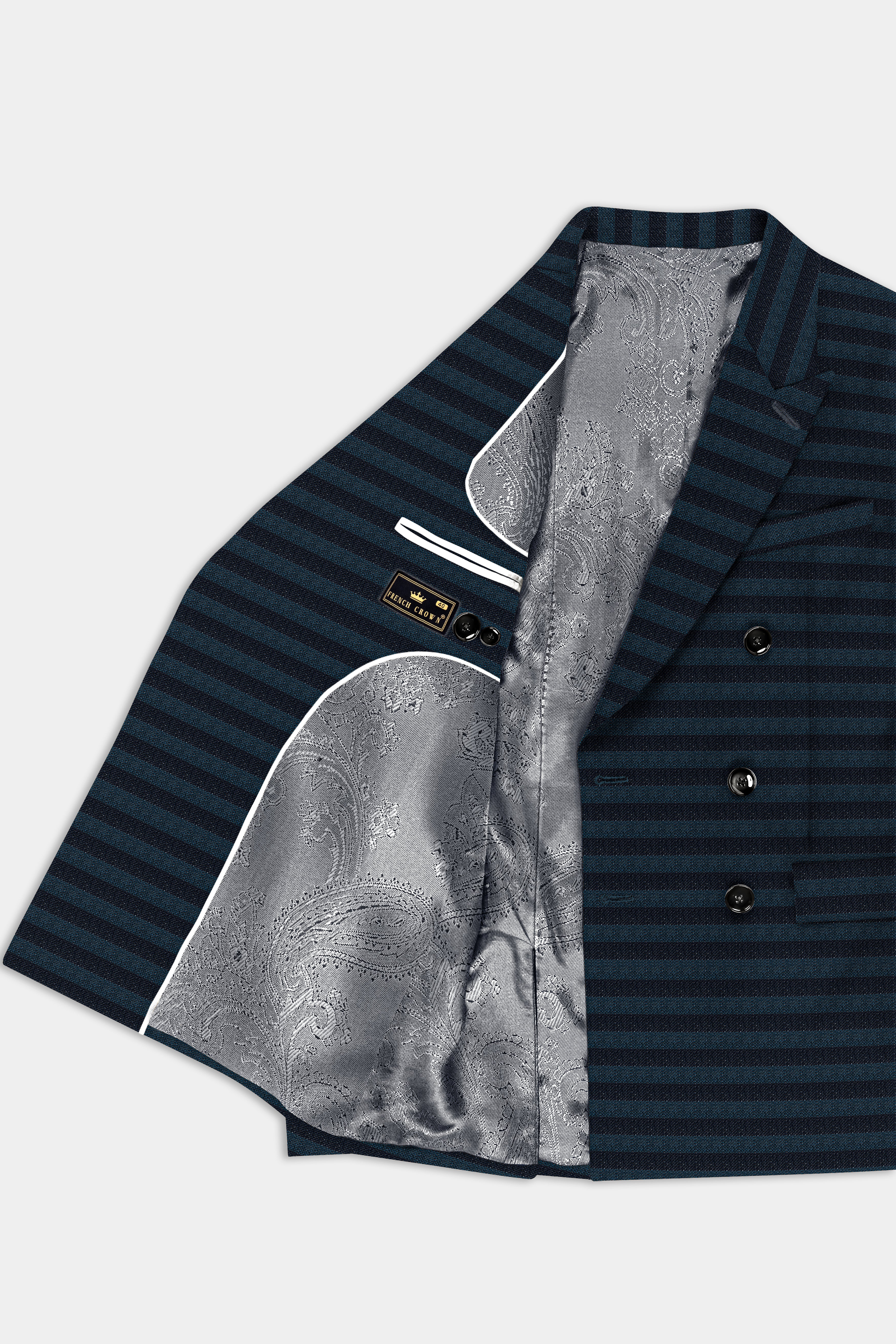 Bluish Blue And Jade Black Striped Wool Rich Double Breasted Suit