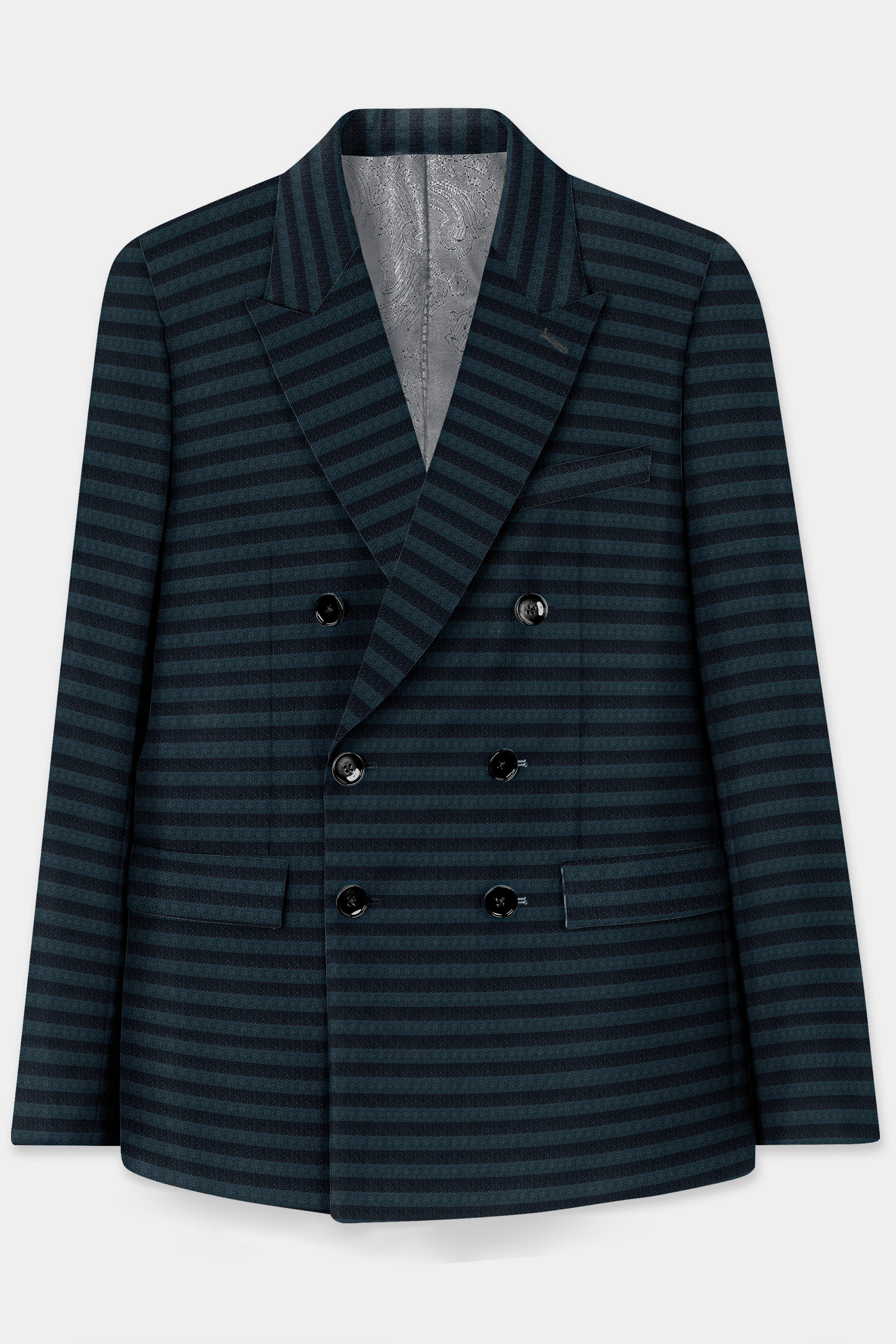 Bluish Blue And Jade Black Striped Wool Rich Double Breasted Suit
