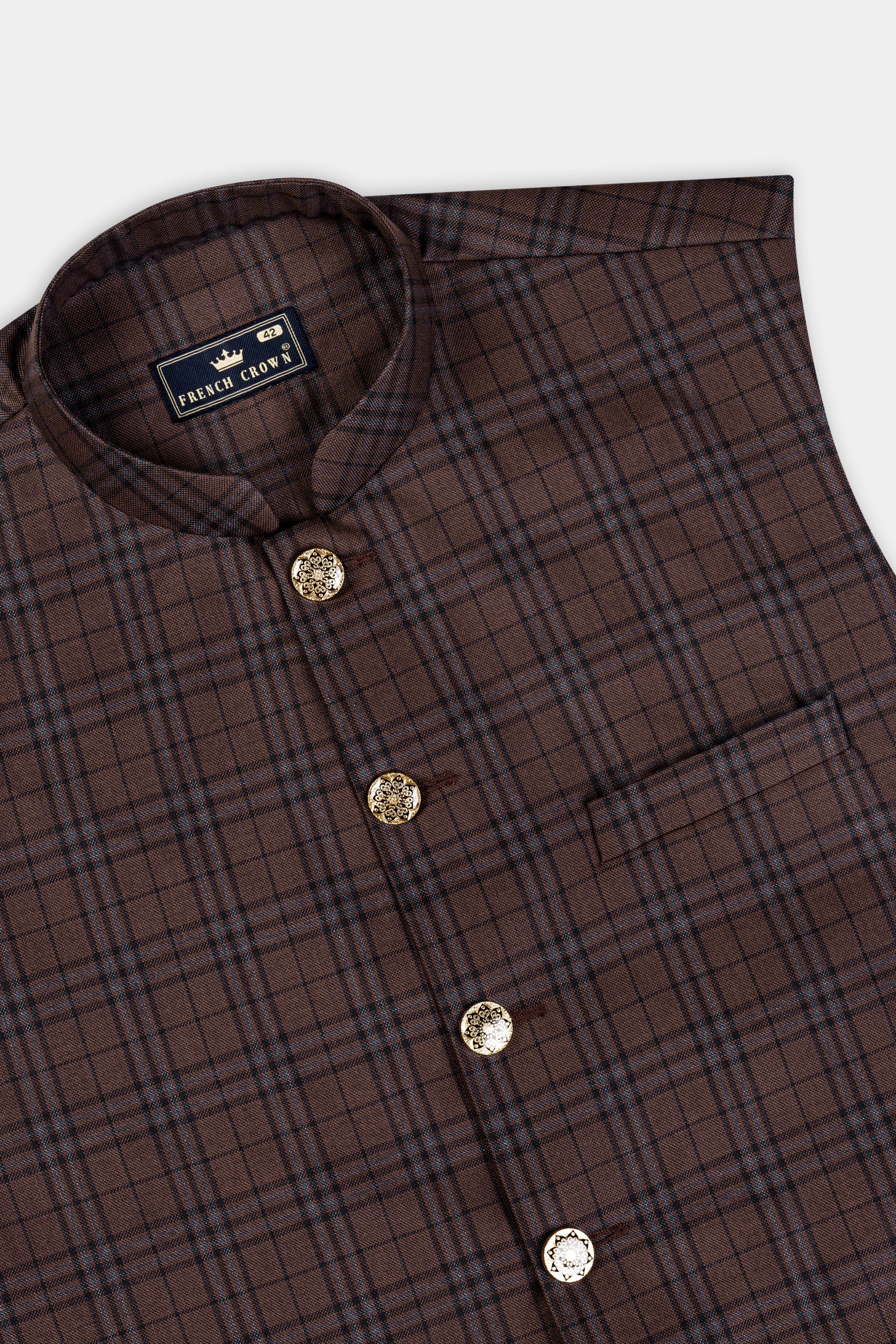 Gingerbread Brown and Haiti Blue Plaid Wool Rich Bandhgala Suit
