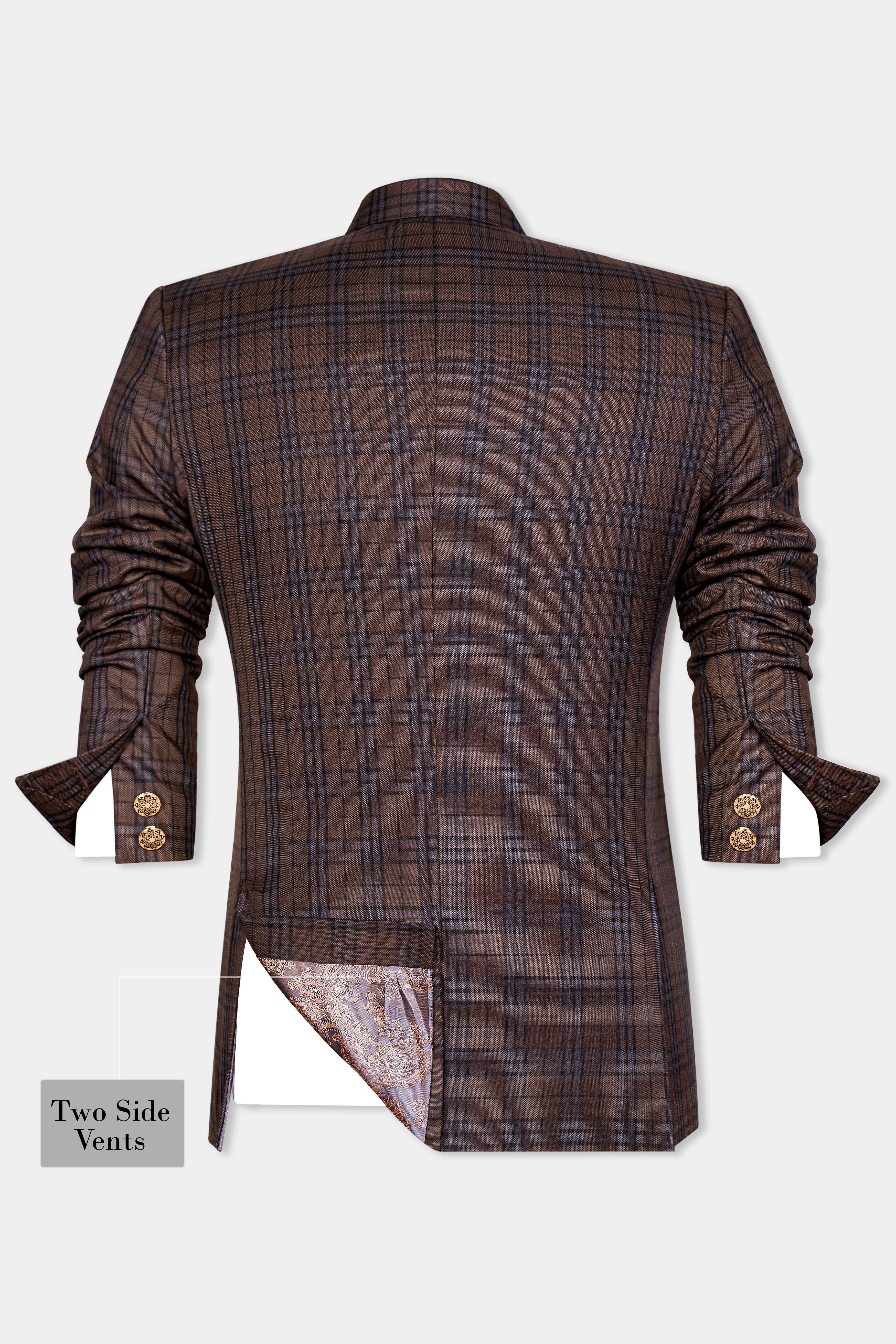 Gingerbread Brown and Haiti Blue Plaid Wool Rich Cross Placket Bandhgala Suit