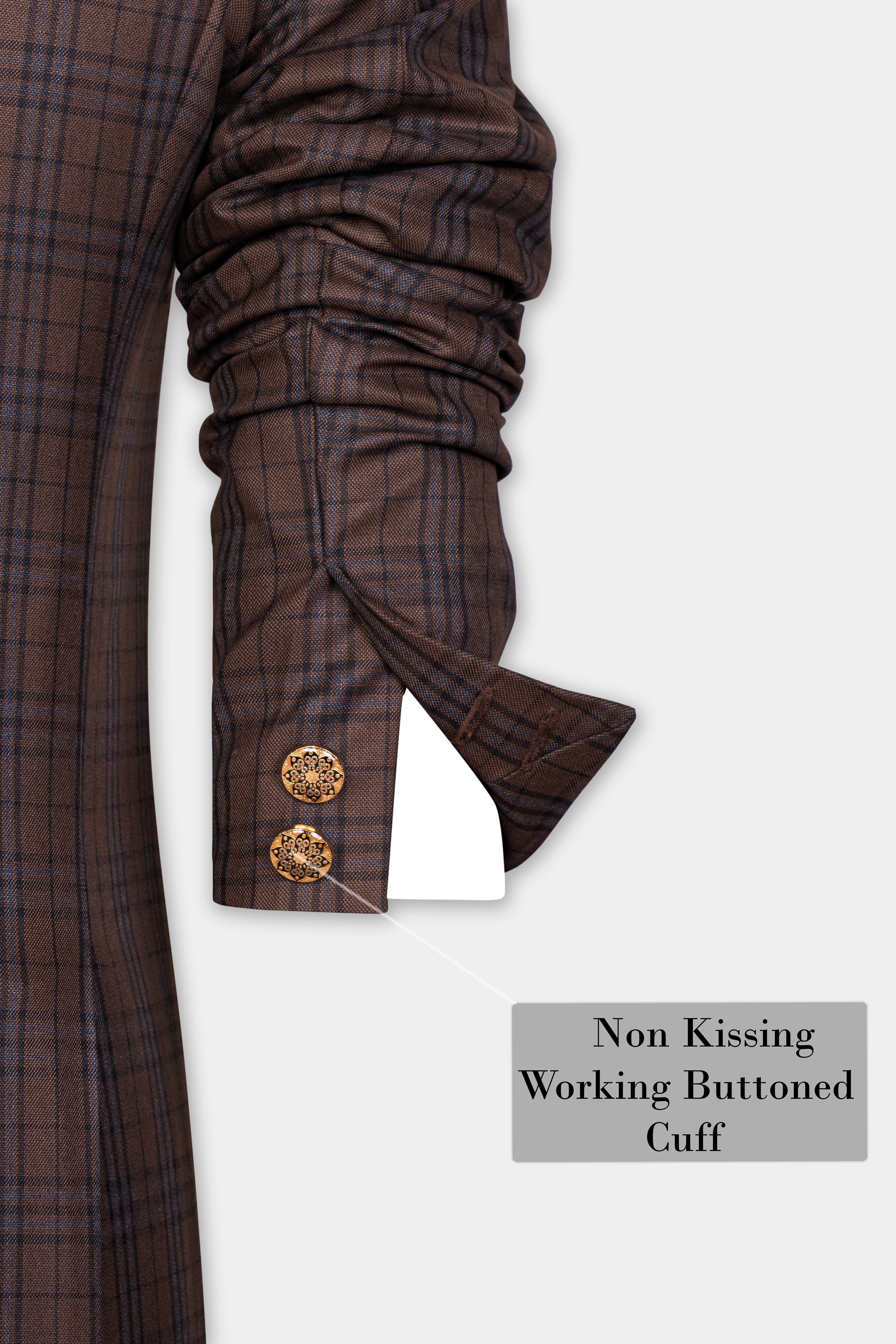 Gingerbread Brown and Haiti Blue Plaid Wool Rich Cross Placket Bandhgala Suit