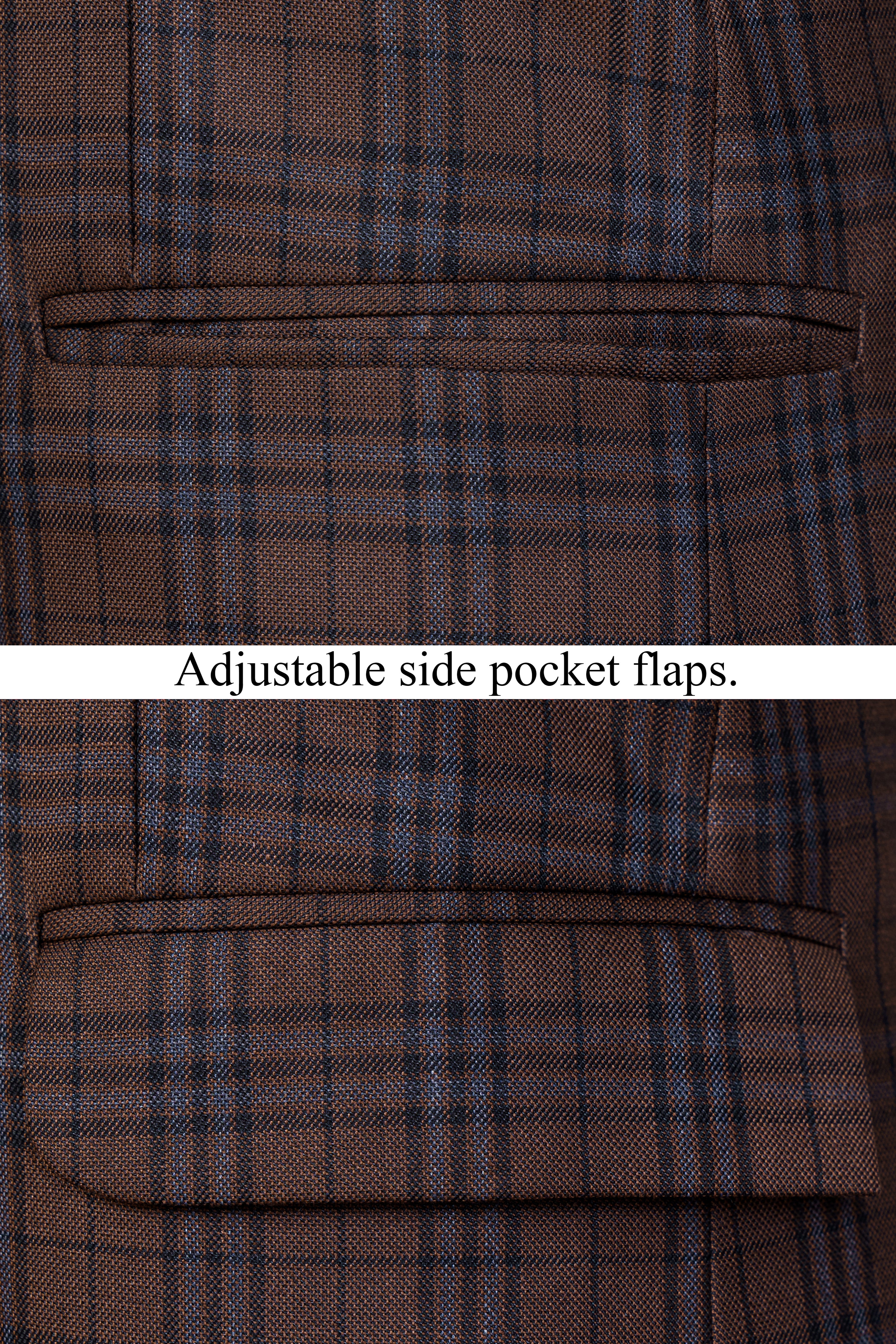 Gingerbread Brown and Haiti Blue Plaid Wool Rich Cross Placket Bandhgala Suit