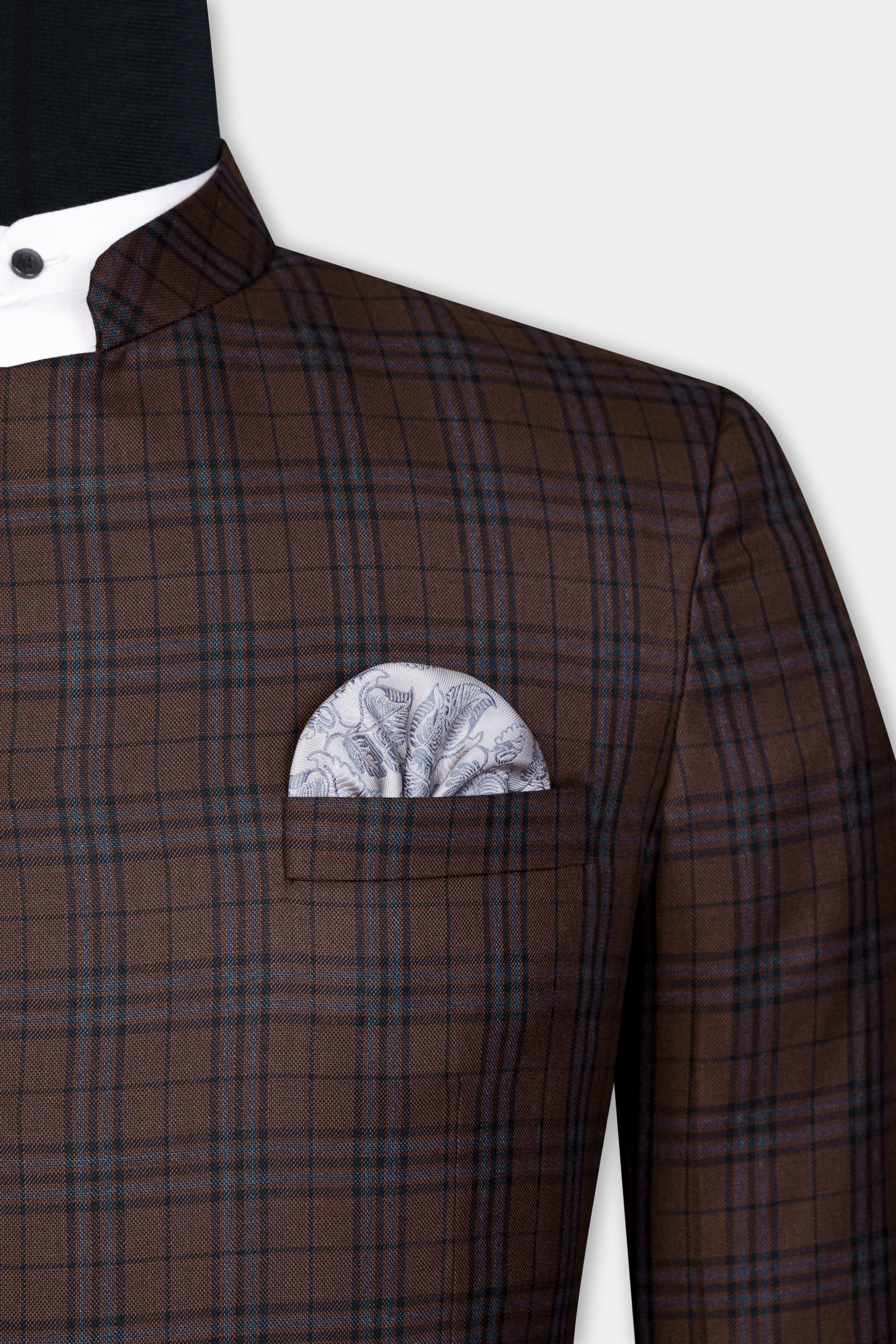 Gingerbread Brown and Haiti Blue Plaid Wool Rich Cross Placket Bandhgala Suit