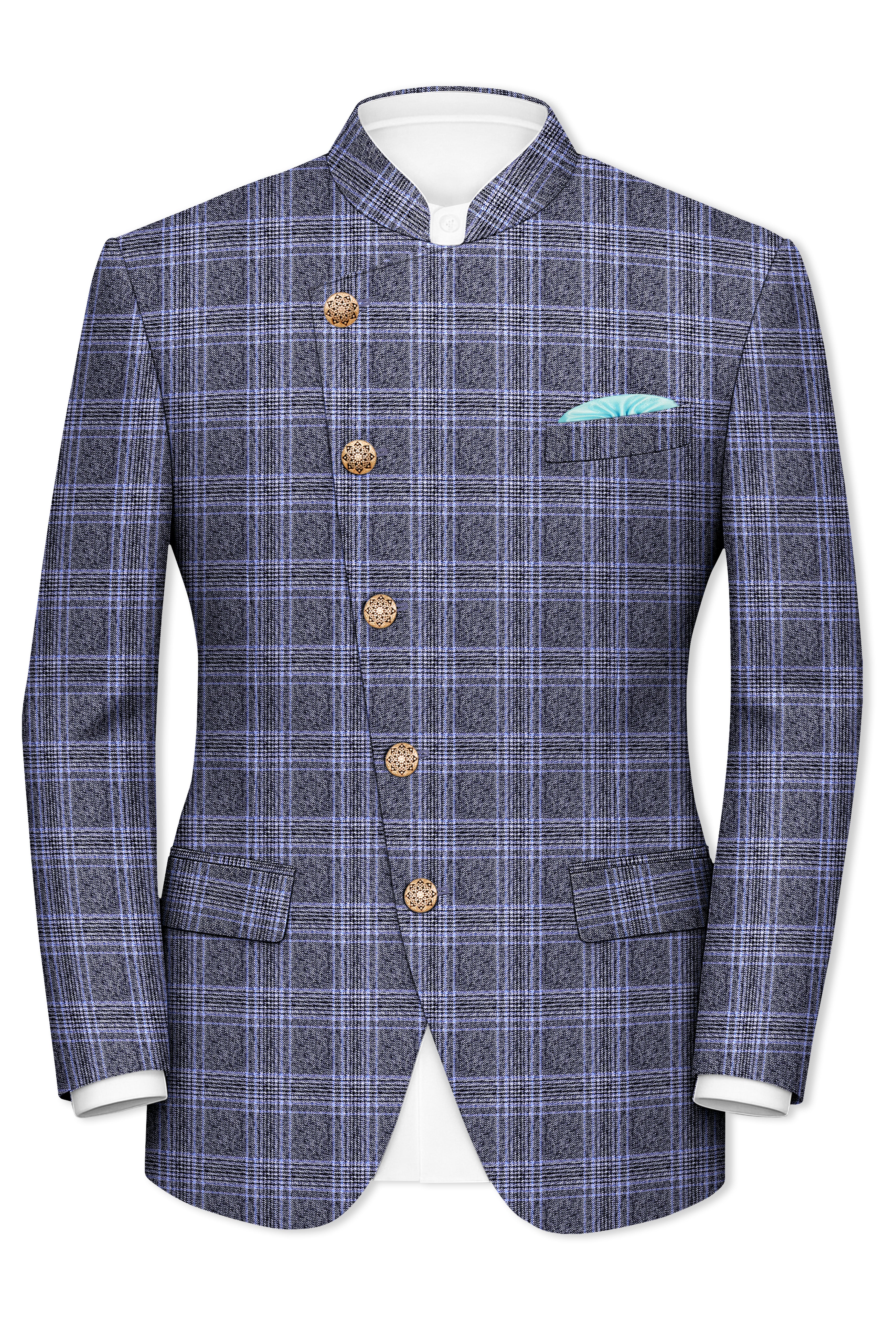 Dolphin And Casper Blue Checkered Cross Placket Bandhgala Wool Rich Suit