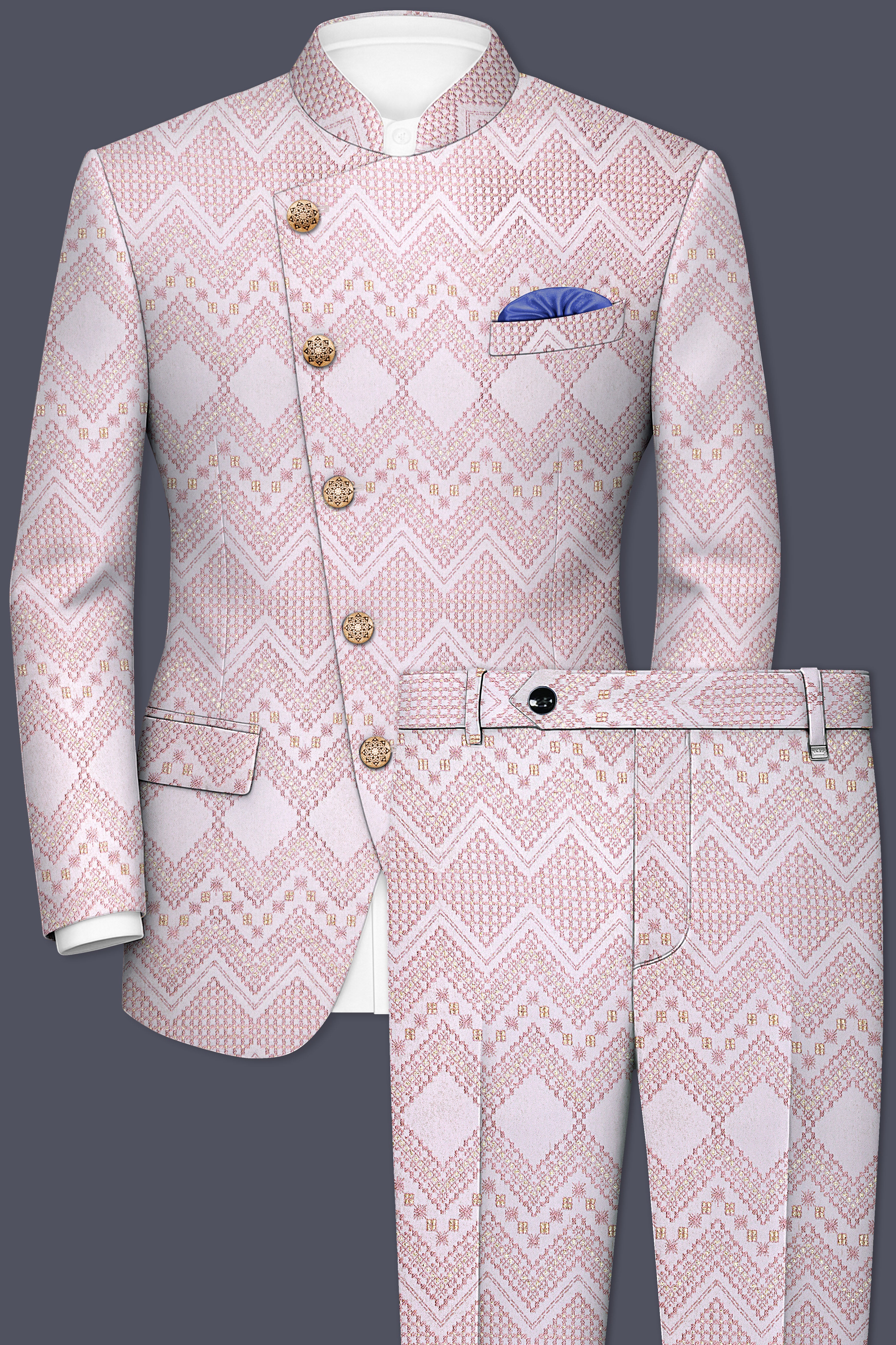 Florissa-Blossom Pink Chevron Sequin And Silk Thread Embroidered Cross-Button Bandhgala Suit