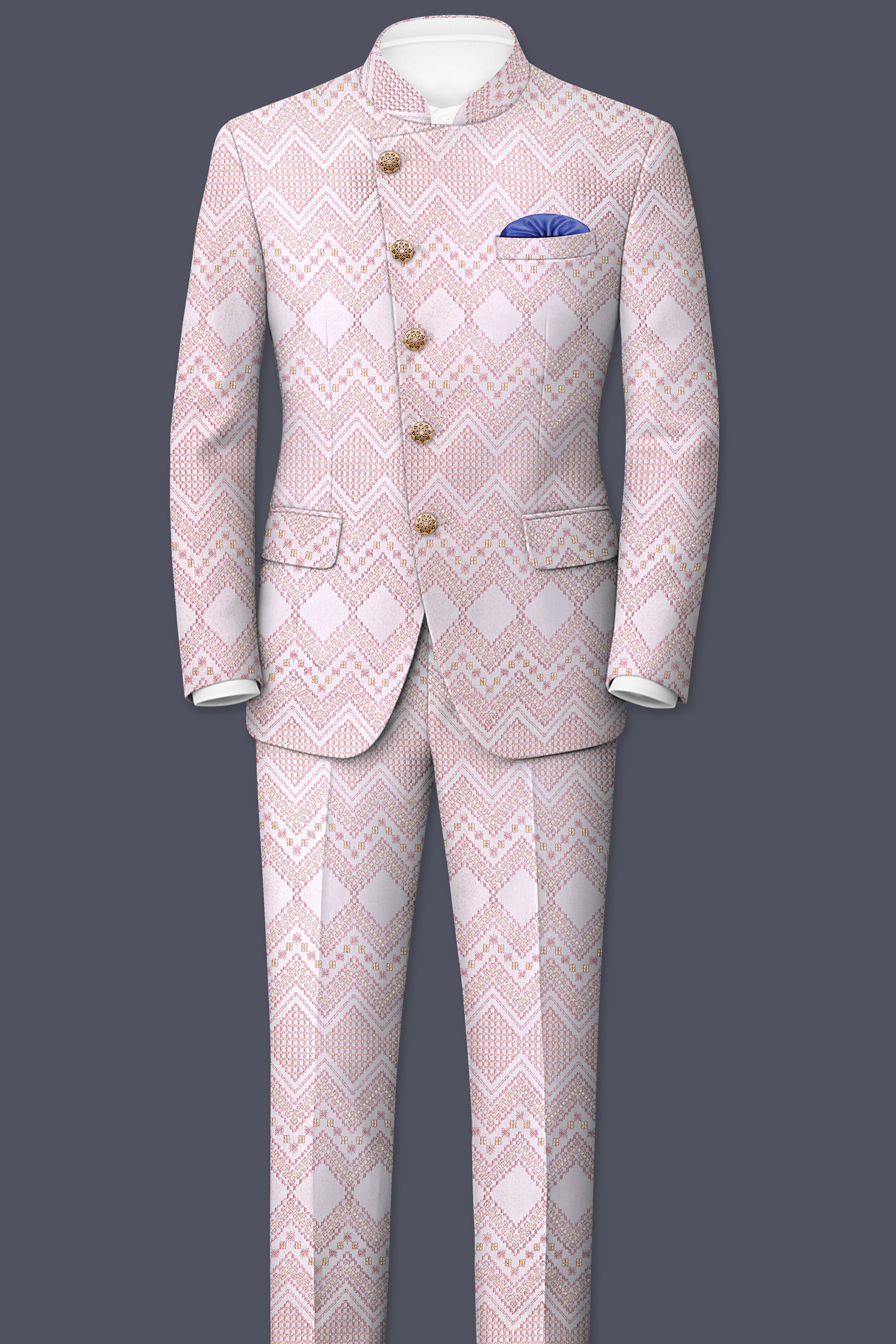 Florissa-Blossom Pink Chevron Sequin And Silk Thread Embroidered Cross-Button Bandhgala Suit