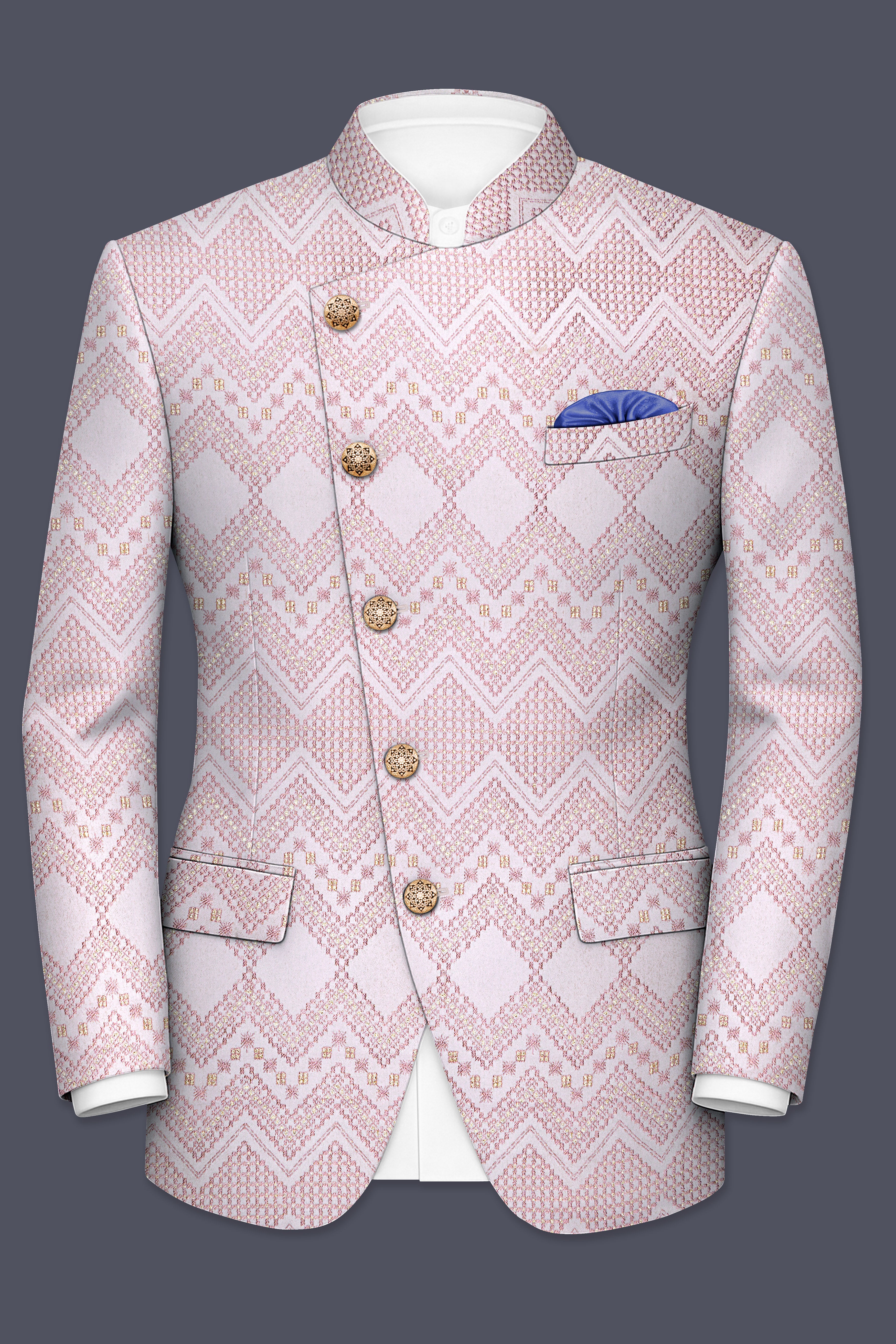 Florissa-Blossom Pink Chevron Sequin And Silk Thread Embroidered Cross-Button Bandhgala Suit