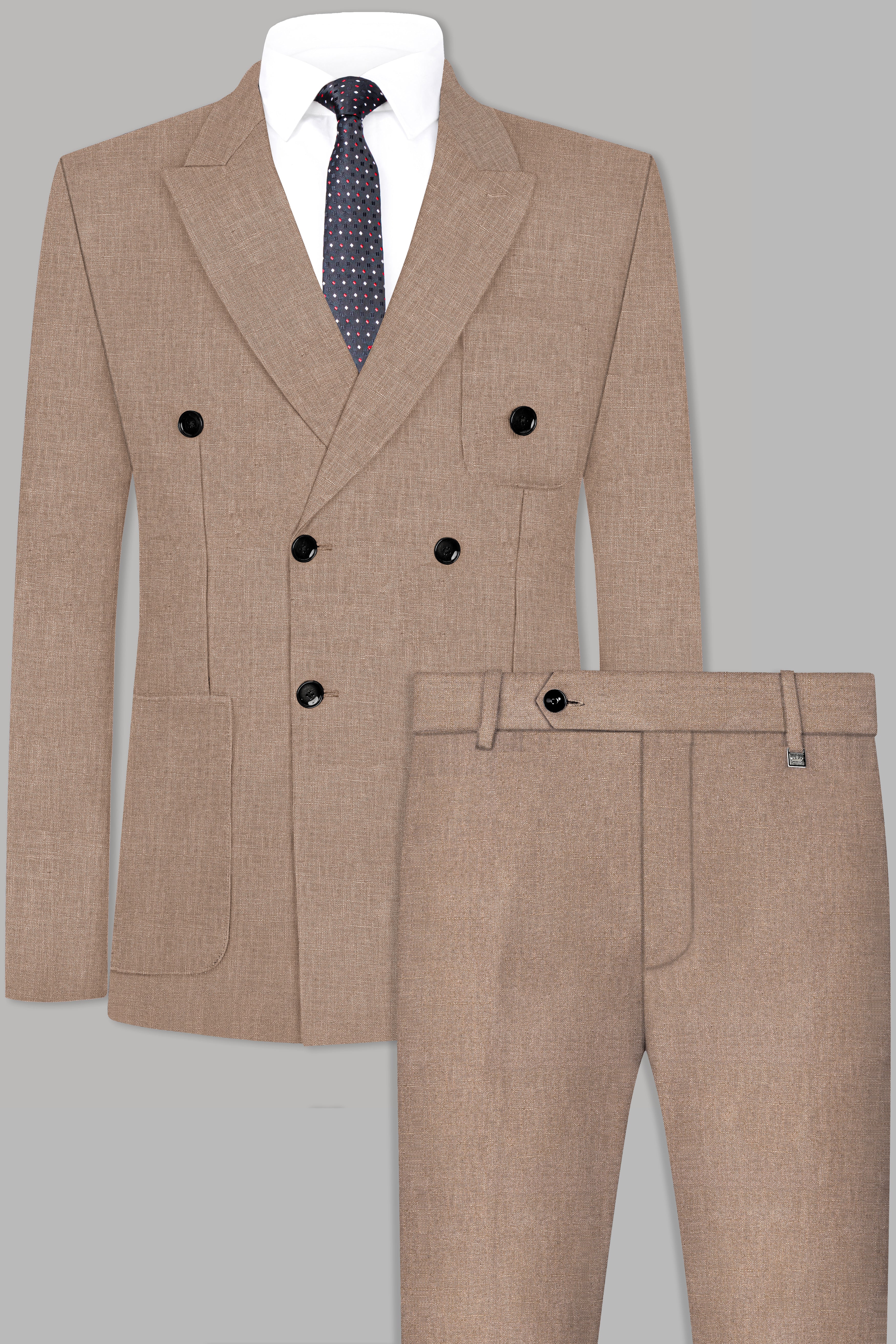 Oyster Brown Luxurious Linen Double Breasted Sports Suit