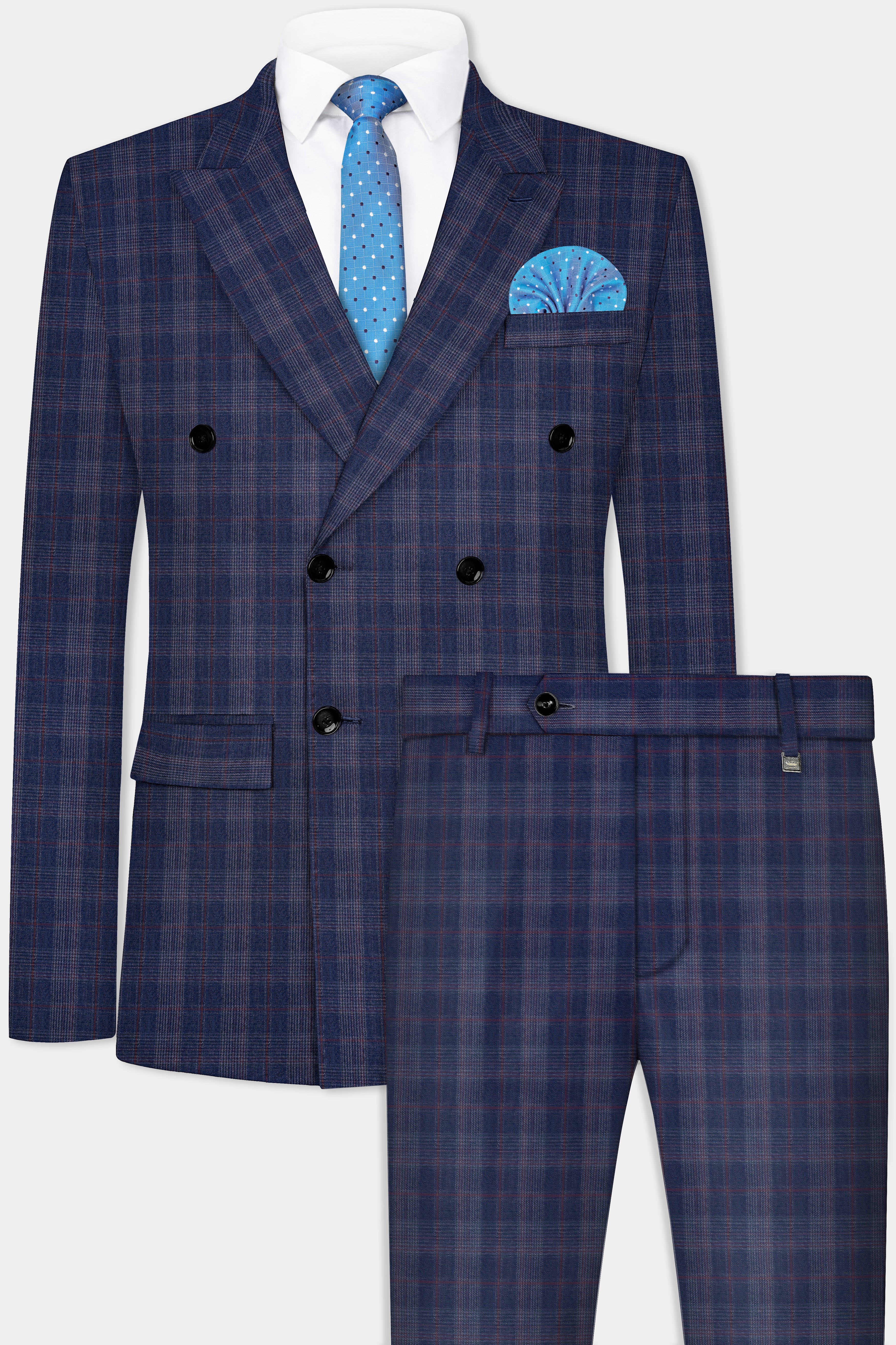 Tuna Blue Checkered Wool Blend Double Breasted Suit