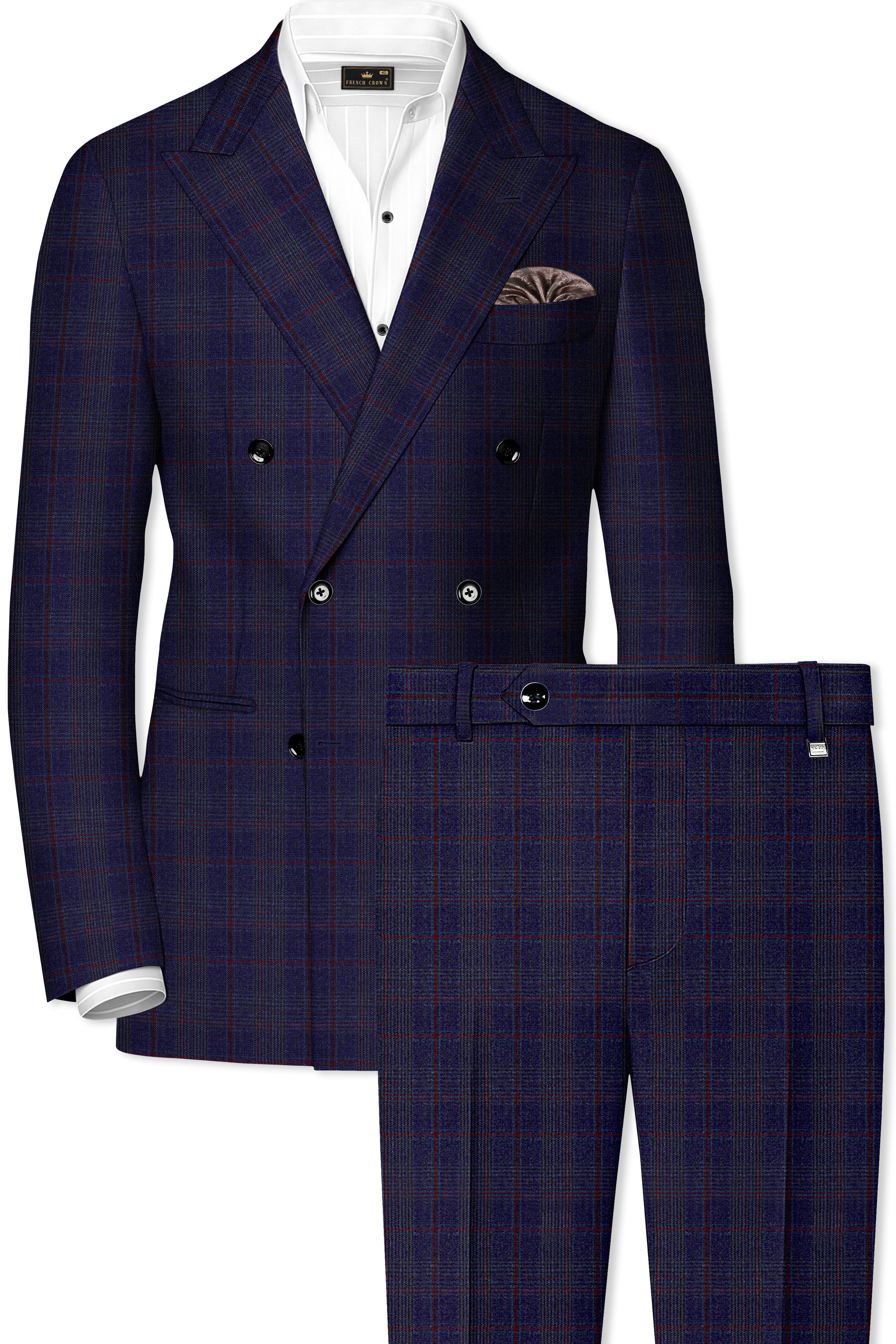 Tuna Blue Checkered Wool Blend Double Breasted Suit