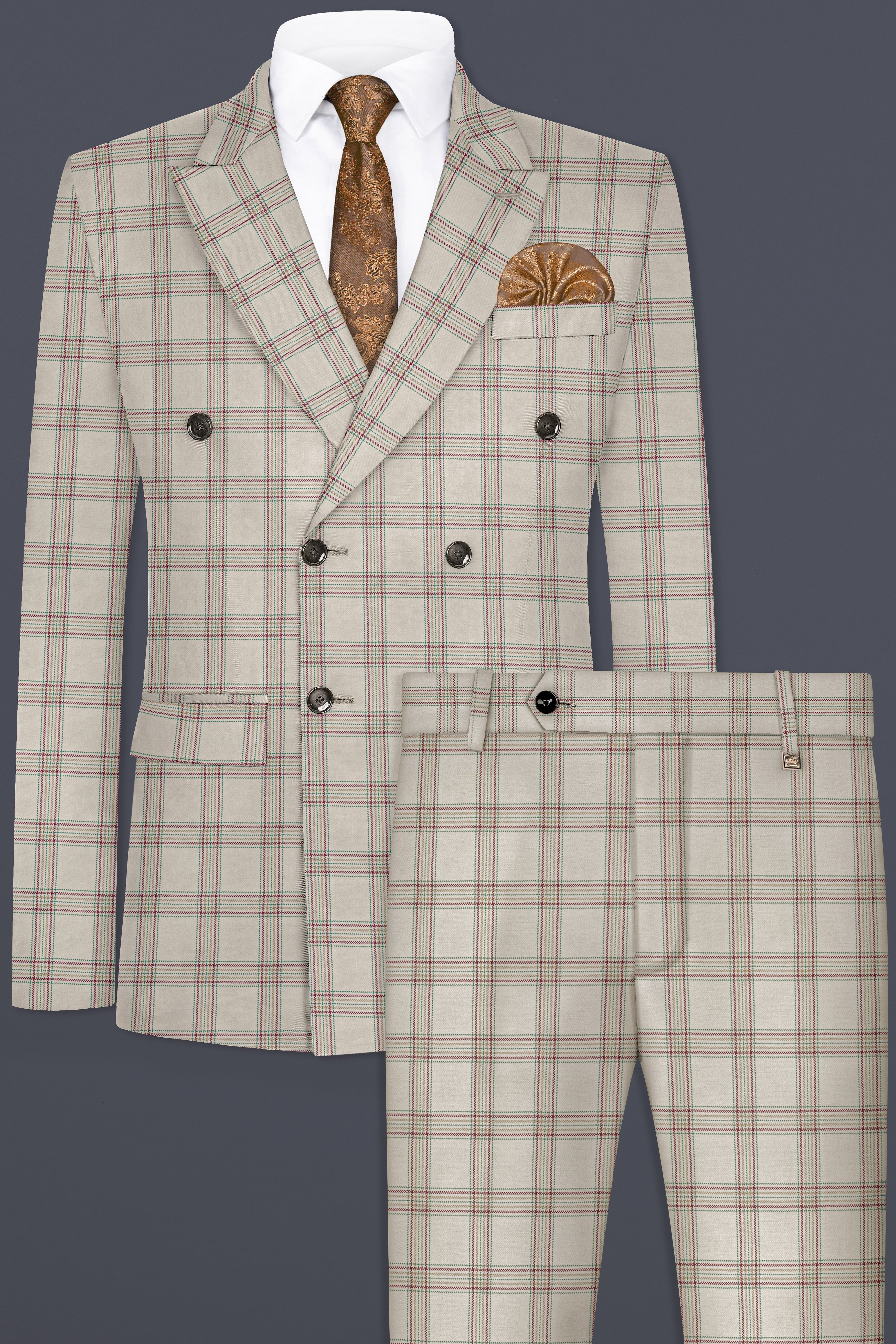 Swirl Cream with Maroon and Green windowpane Tweed Double Breasted Suit