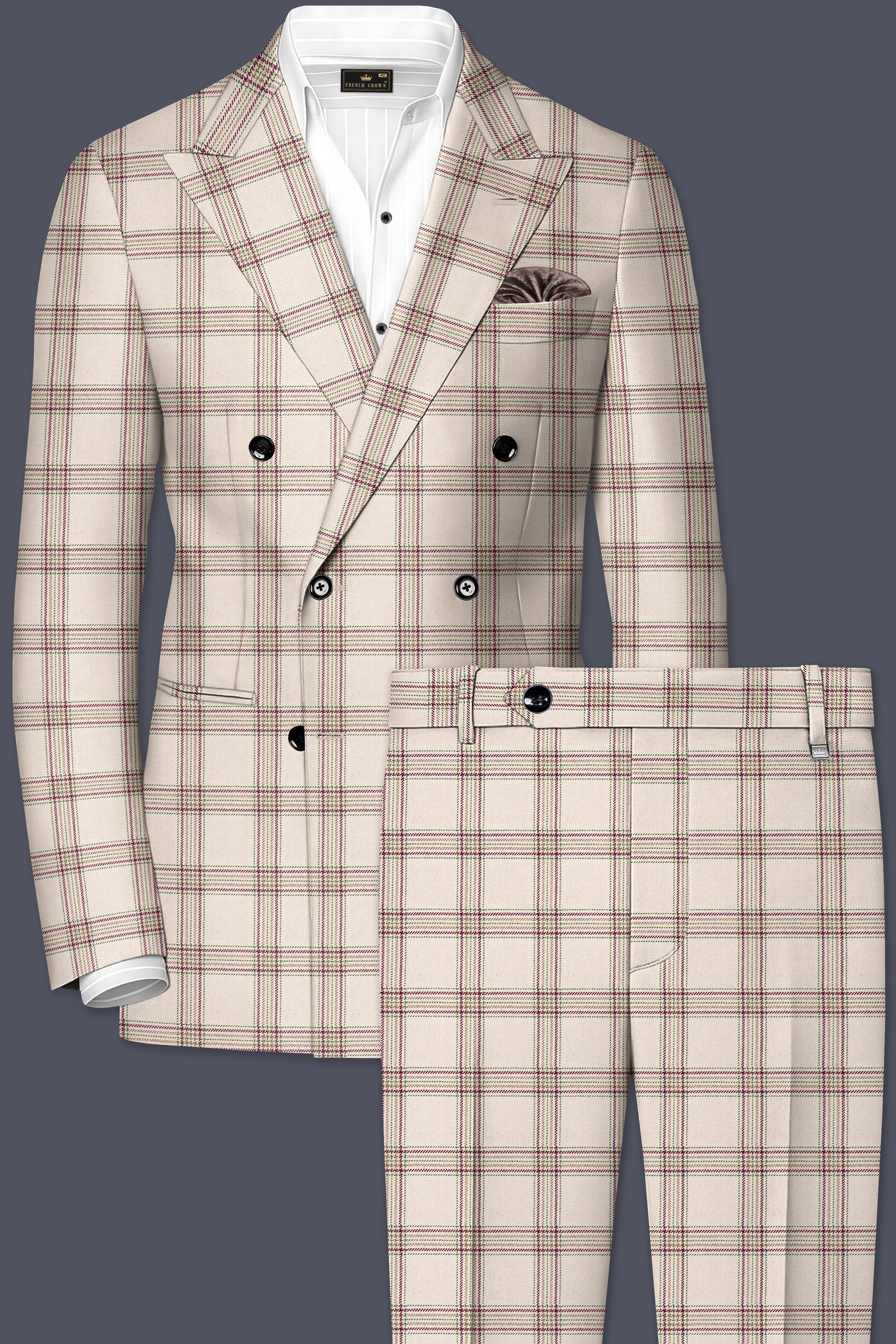 Swirl Cream with Maroon and Green windowpane Tweed Double Breasted Suit
