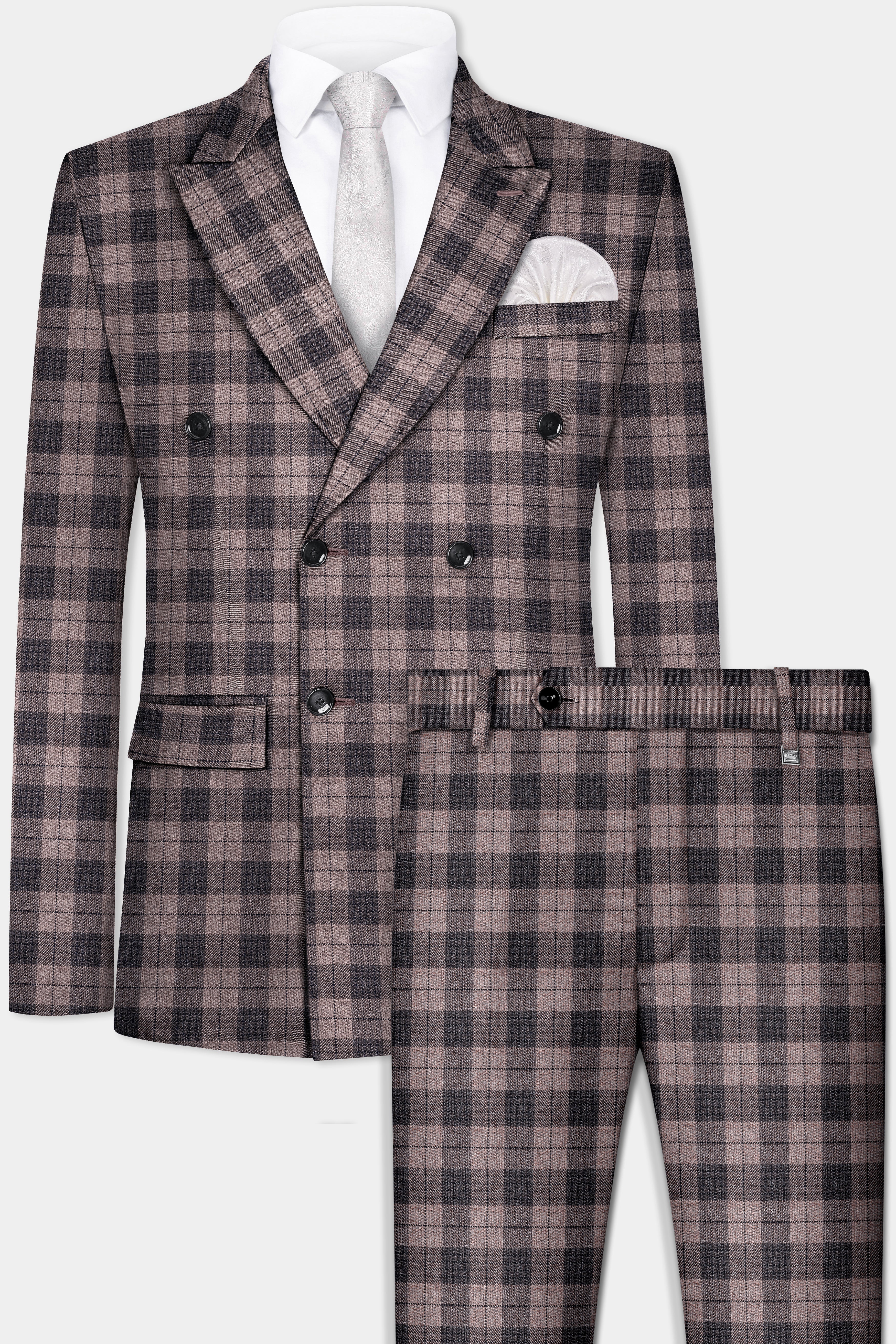 Vampire Brown Checks Plaid Tweed Double Breasted Suit