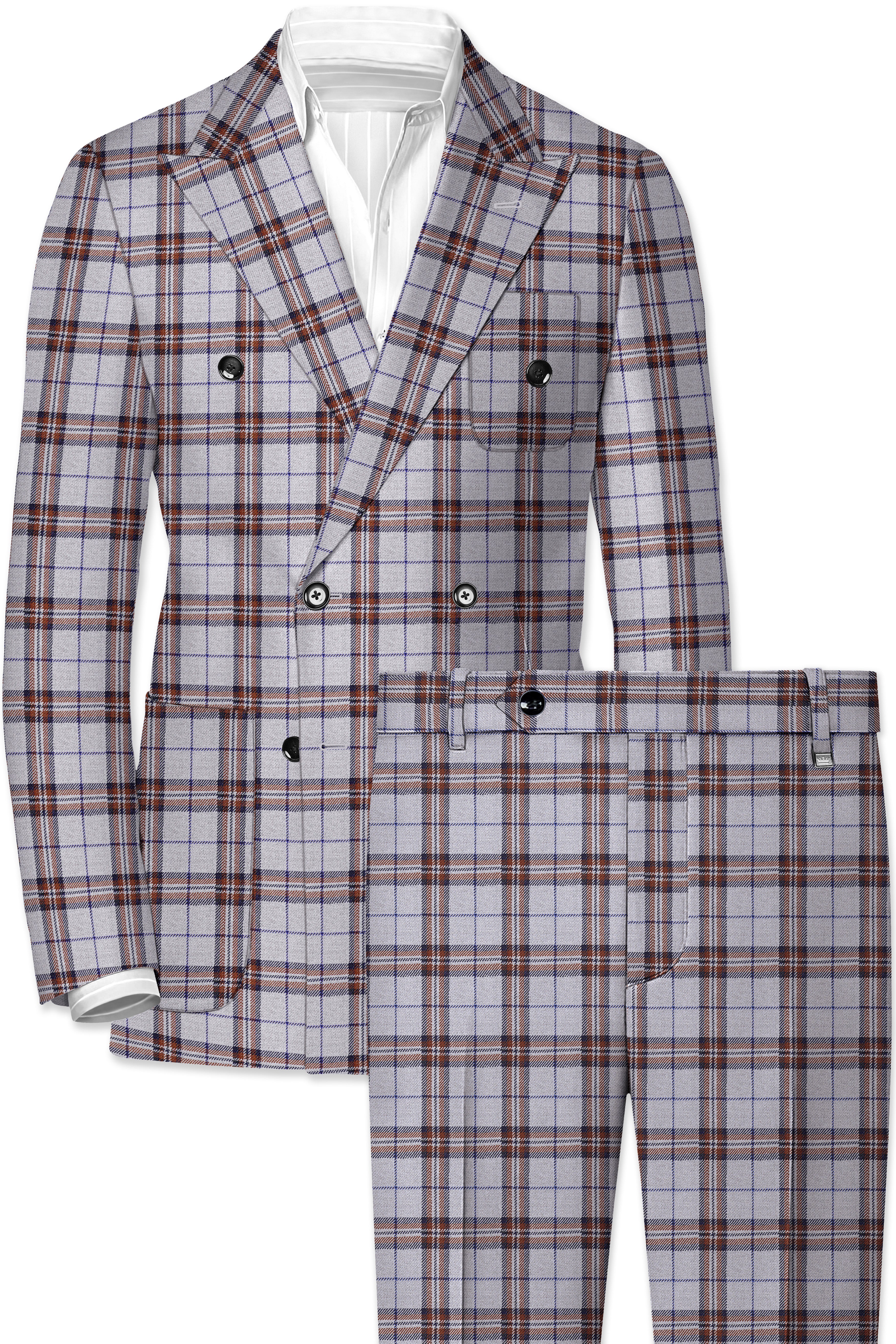 Cadet Grey with Maroon and Blue Plaid Double Breasted Tweed Suit