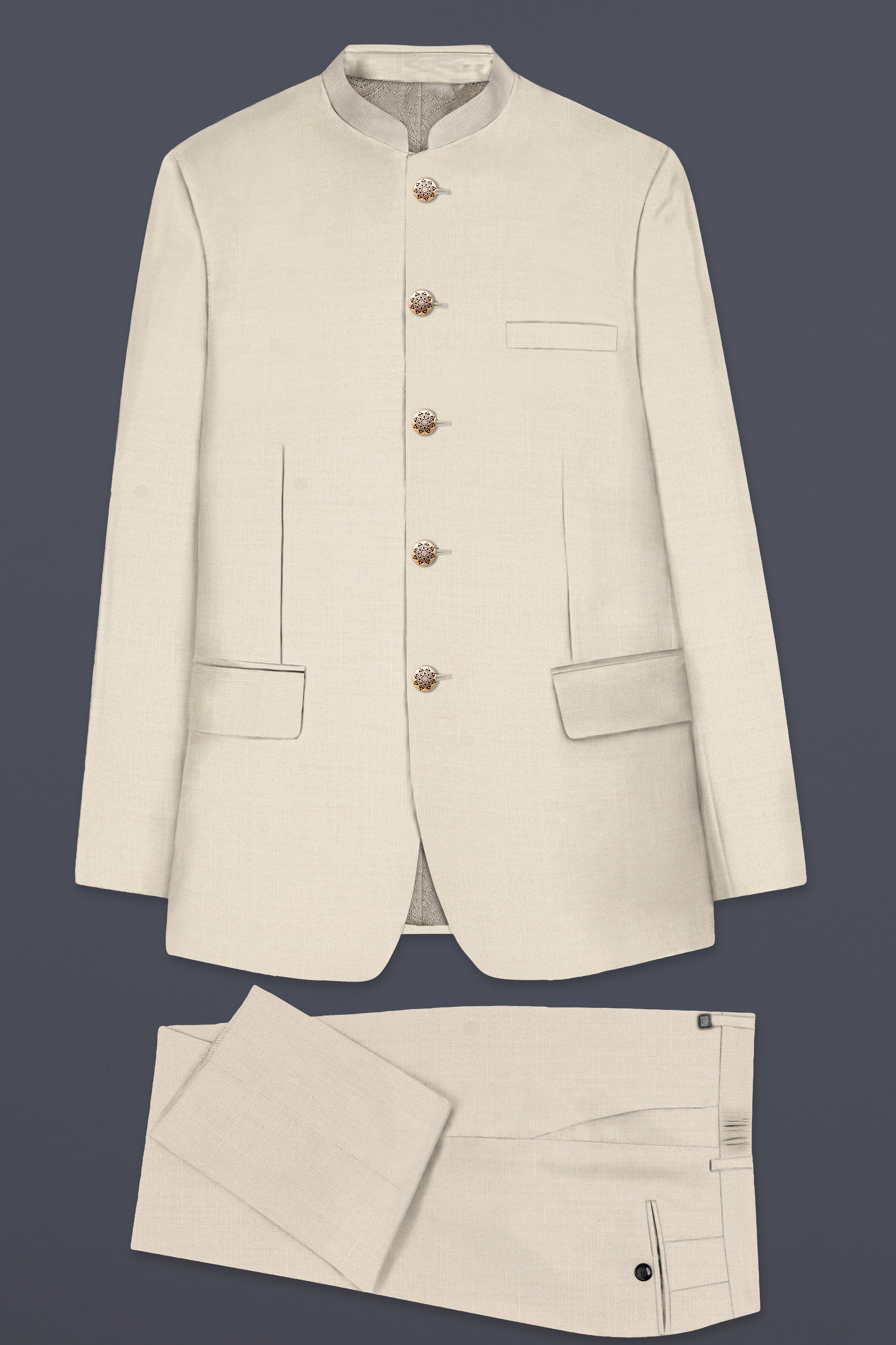 Moon Mist Cream Solid Wool Blend Bandhgala Suit