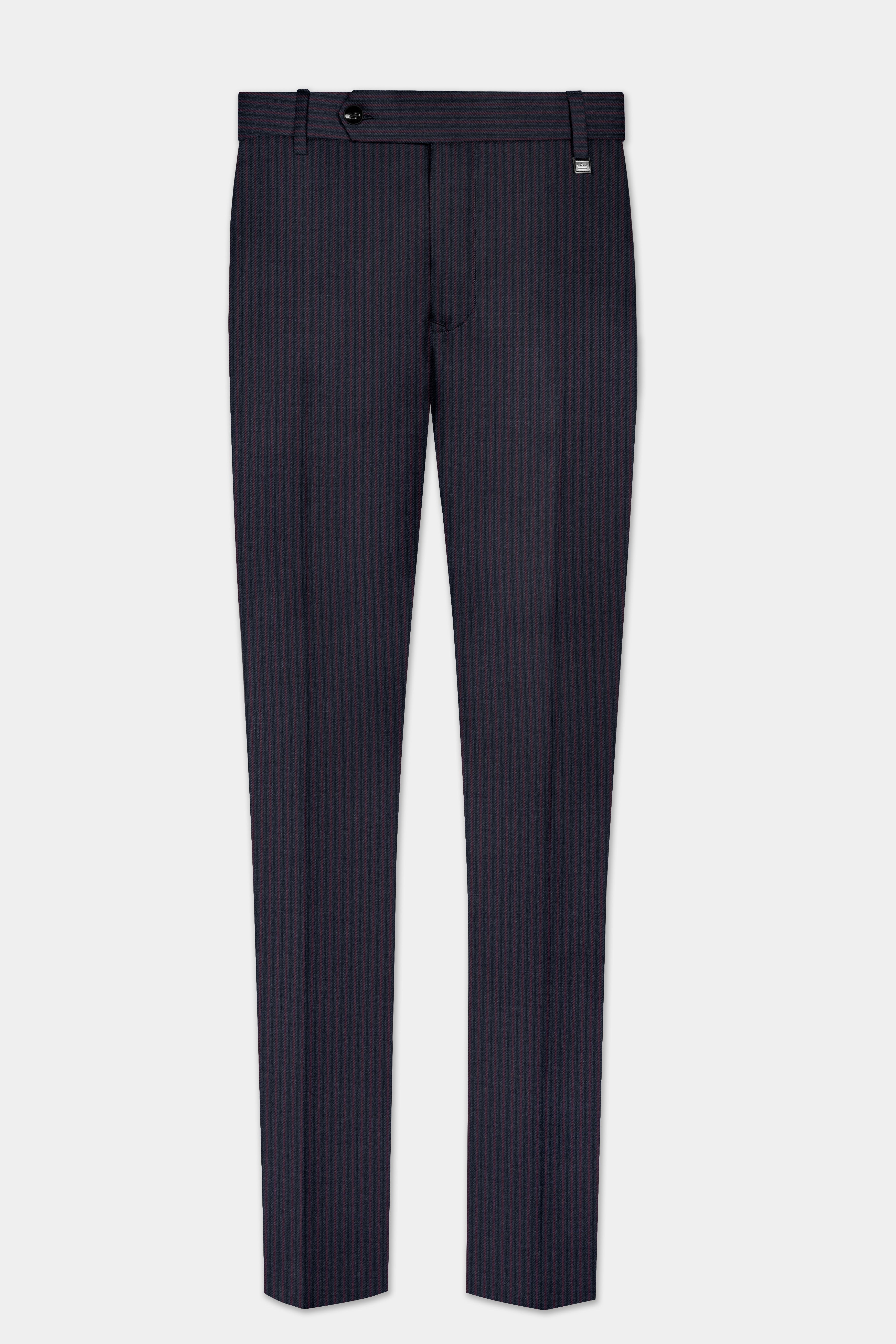 Ebony Clay Blue with Wine Berry Striped Wool Blend Patch Pocket Designer Sport Suit