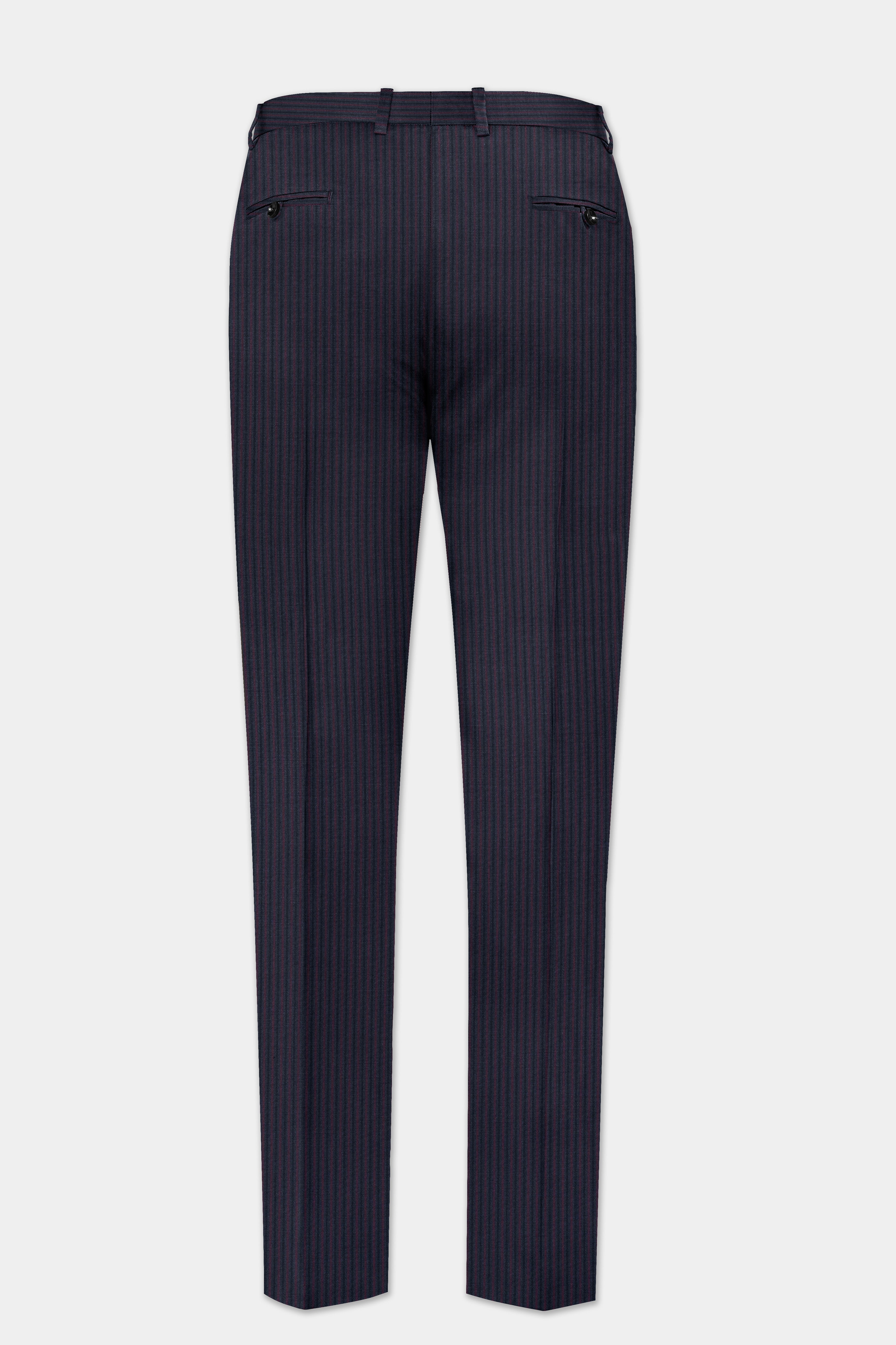 Ebony Clay Blue with Wine Berry Striped Wool Blend Patch Pocket Designer Sport Suit