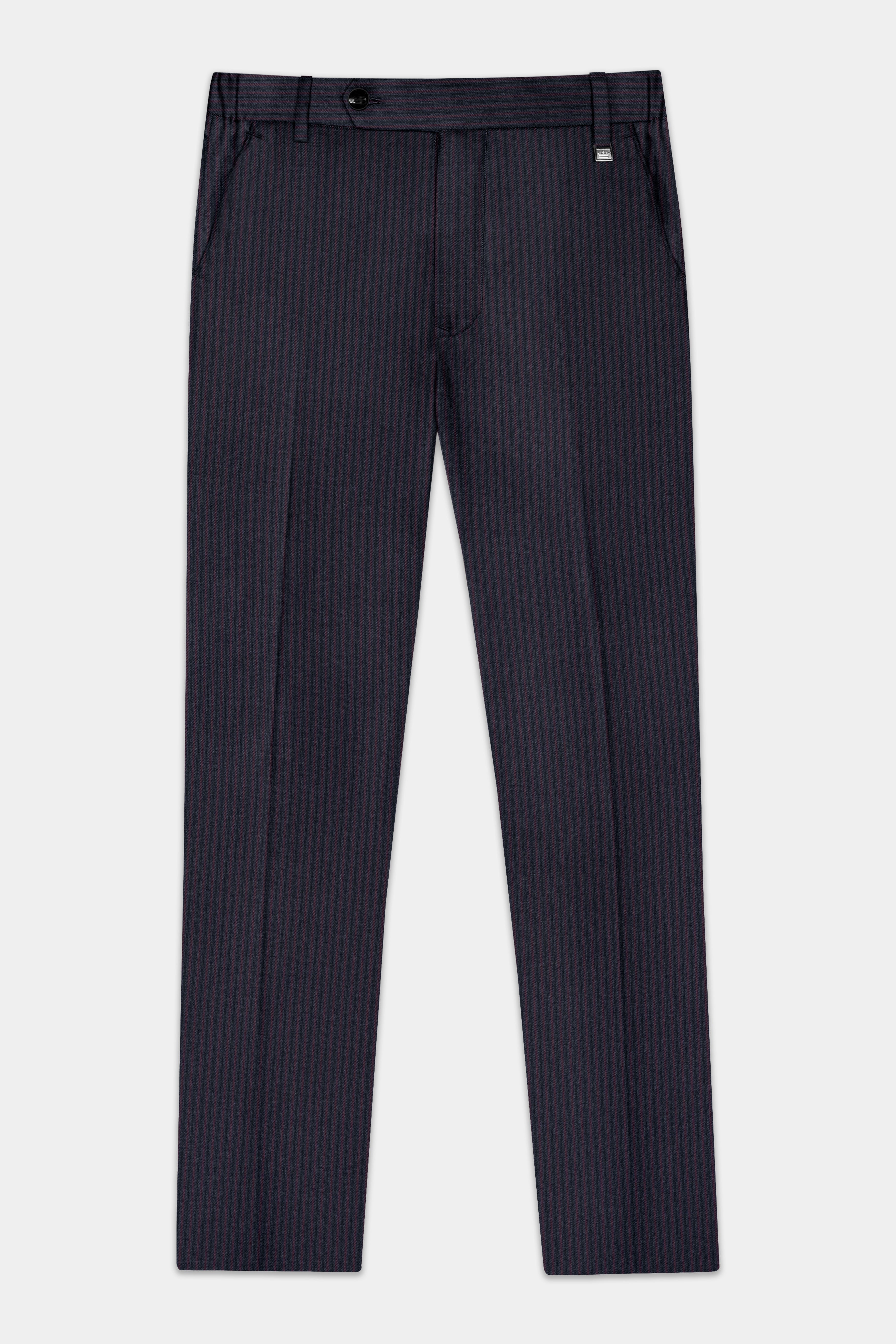 Ebony Clay Blue with Wine Berry Striped Wool Blend Patch Pocket Designer Sport Suit