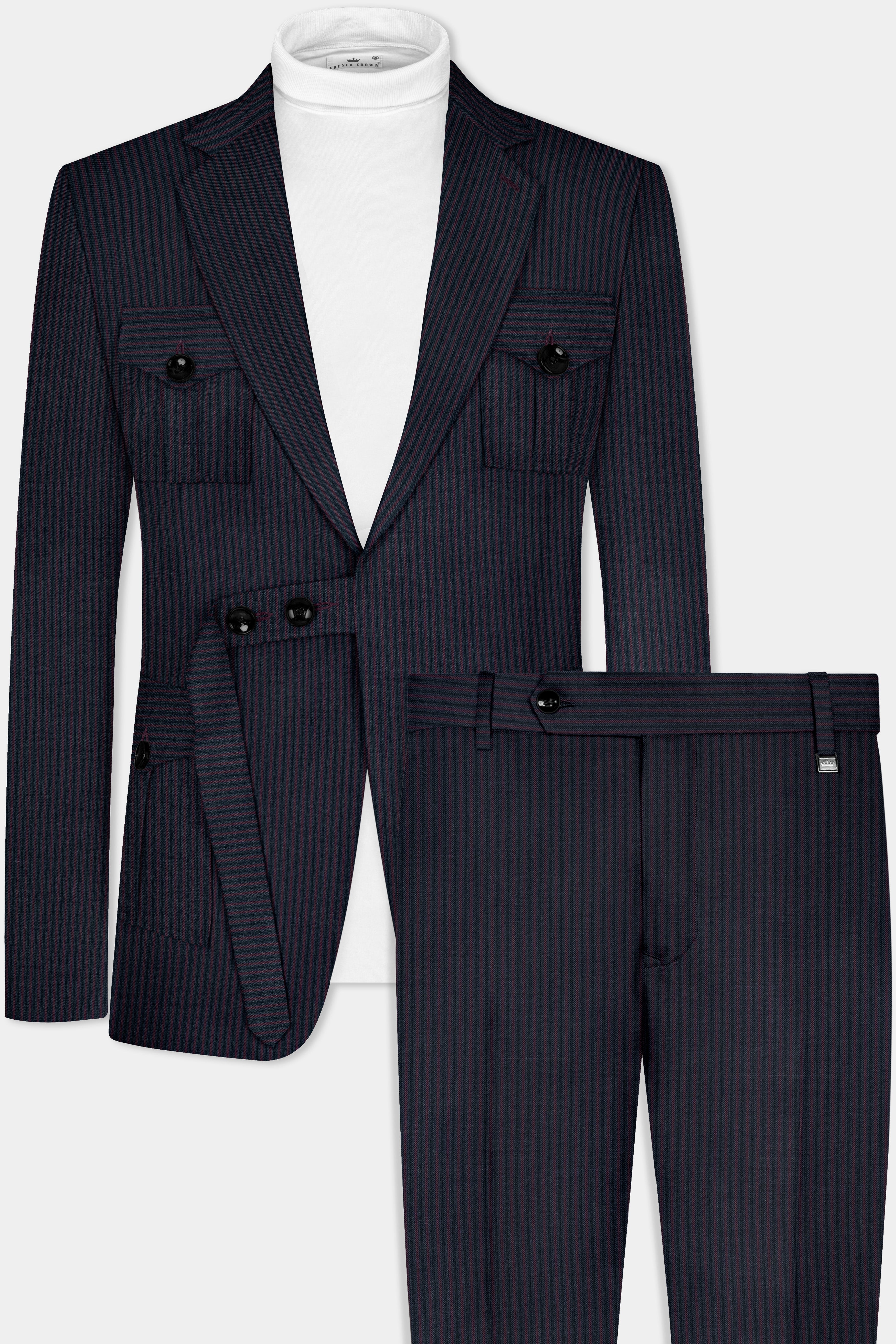 Ebony Clay Blue with Wine Berry Striped Wool Blend Patch Pocket Designer Sport Suit