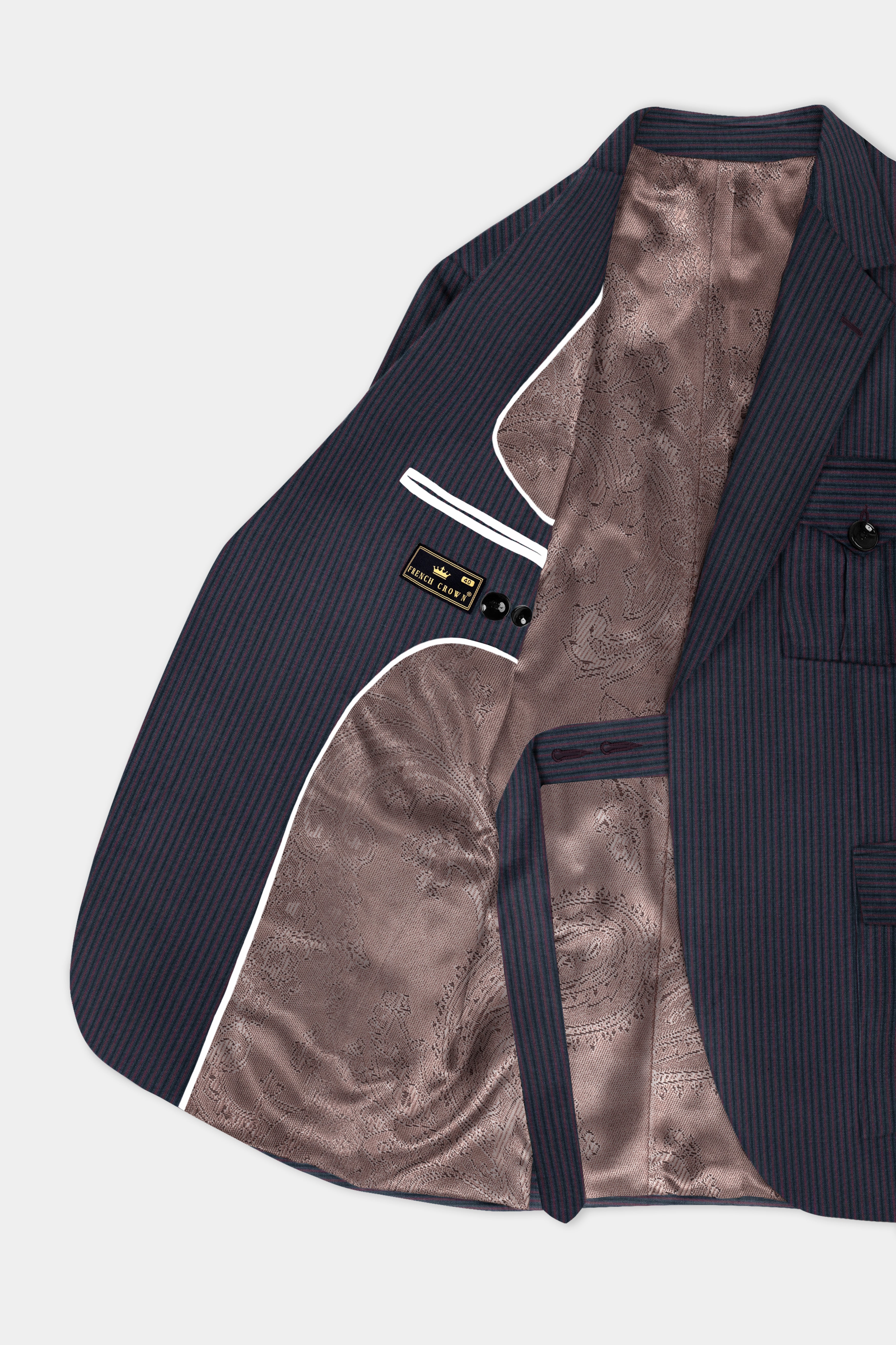 Ebony Clay Blue with Wine Berry Striped Wool Blend Patch Pocket Designer Sport Suit