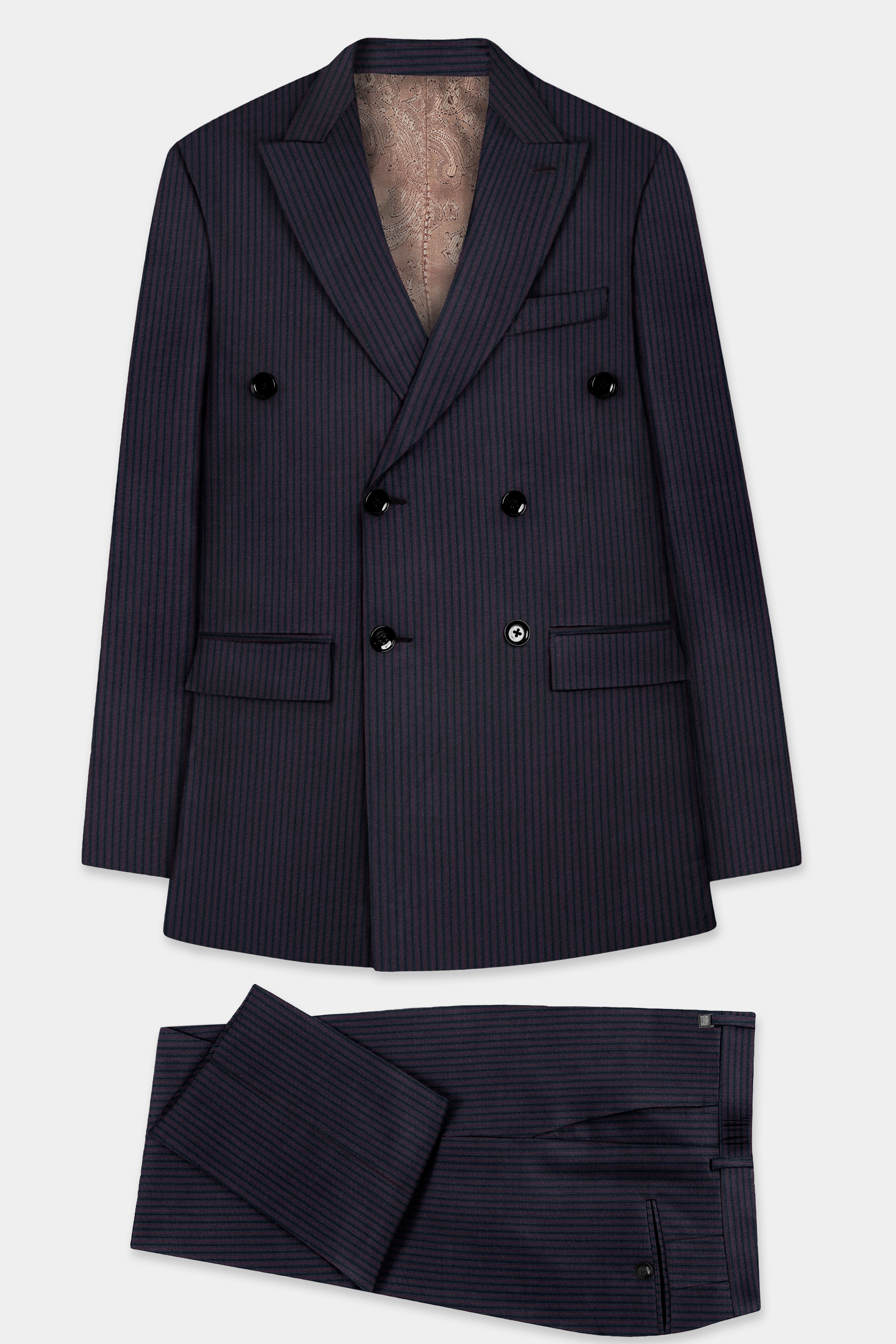 Ebony Clay Blue with Wine Berry Striped Wool Blend Double Breasted Suit