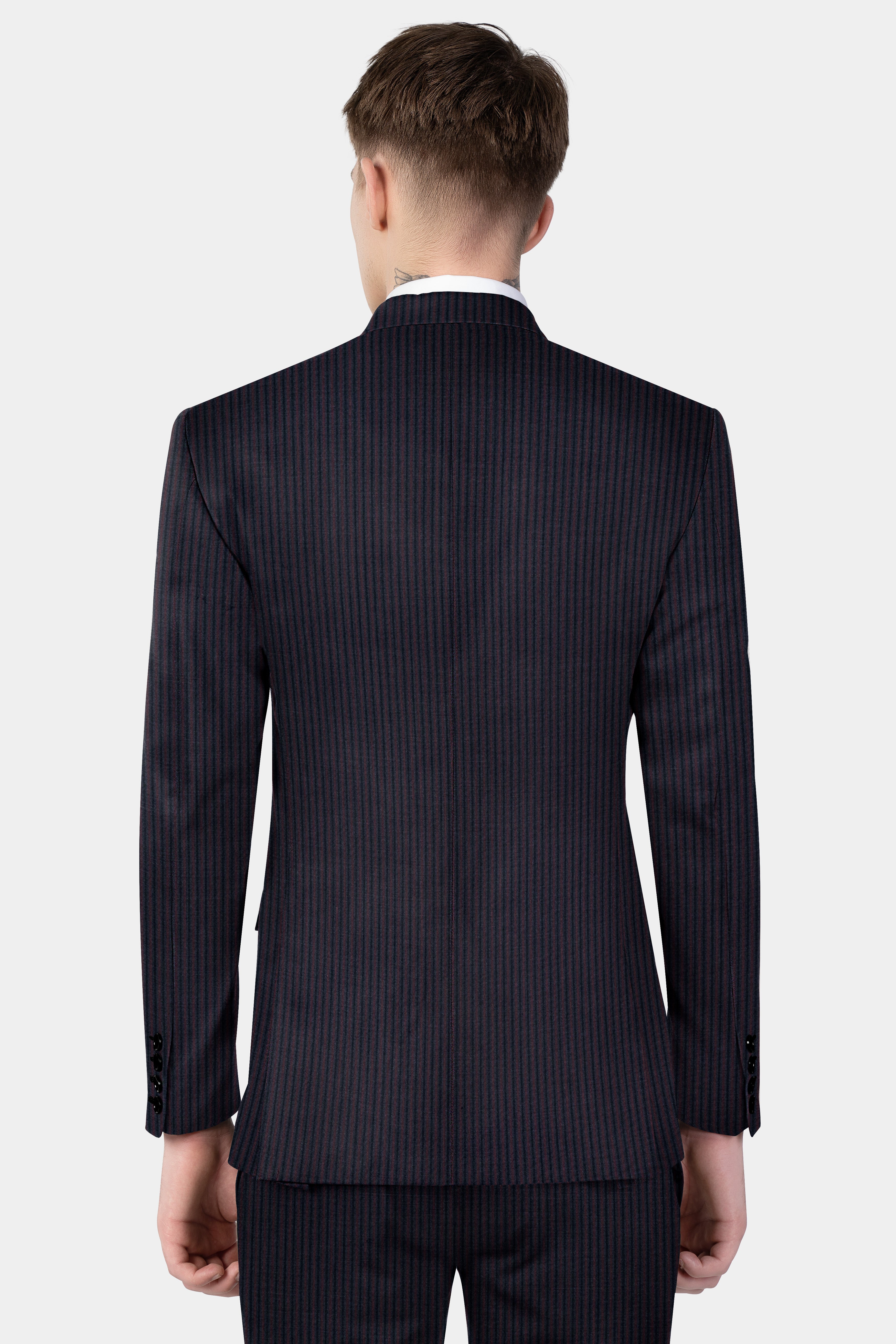 Ebony Clay Blue with Wine Berry Striped Wool Blend Double Breasted Suit