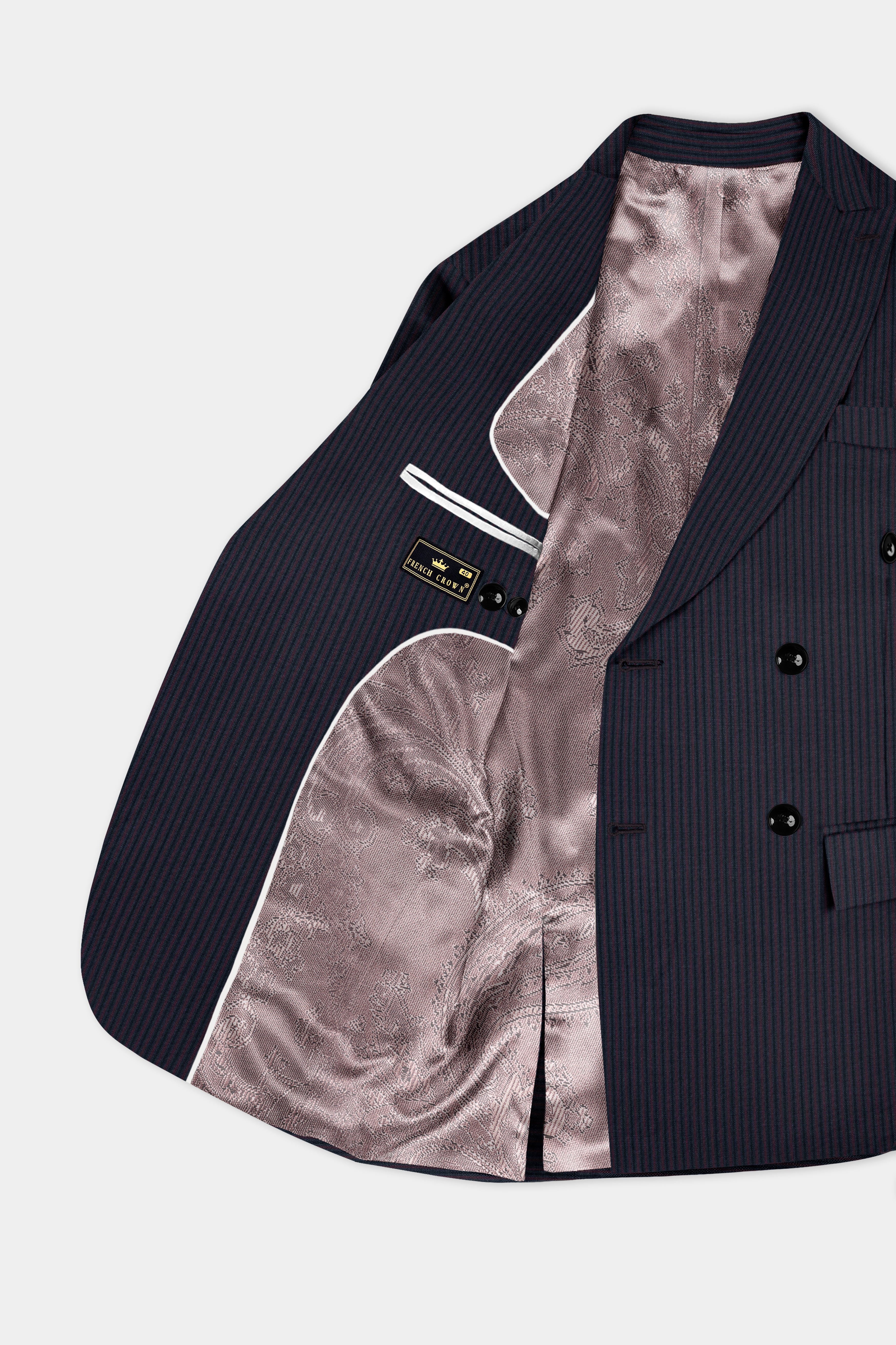 Ebony Clay Blue with Wine Berry Striped Wool Blend Double Breasted Suit